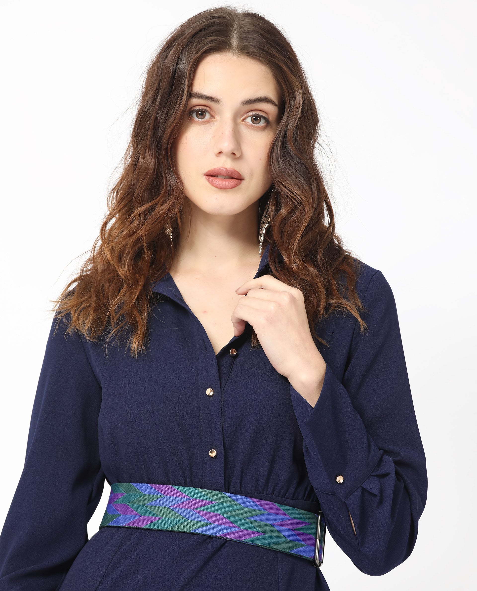 Rareism Women Chsam Navy Poly Lycra Fabric Full Sleeves Shirt Collar Regular Fit Plain Maxi Boxy Dress