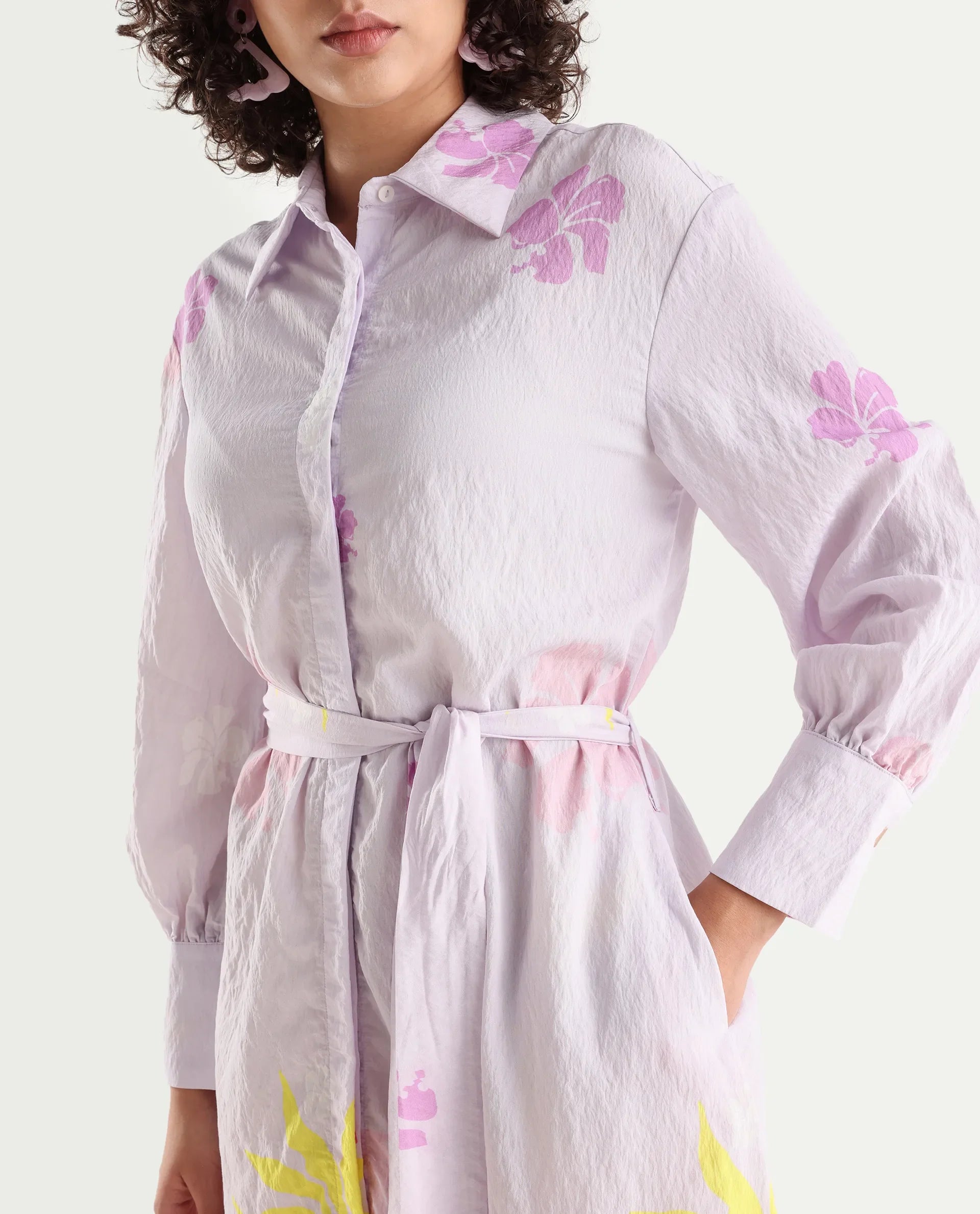 Rareism Women's Chunker Off White Nylon Blend Drop Collar Floral Print Cuffed Sleeve Midi A-Line Dress