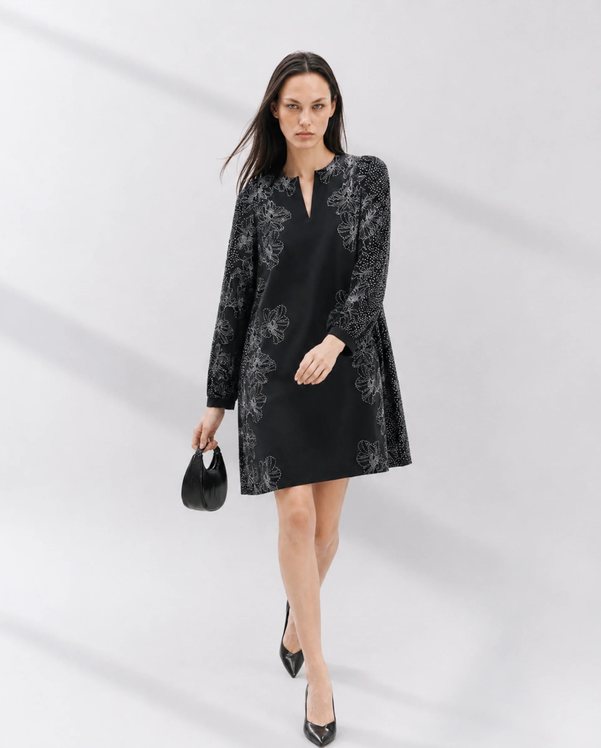 Rareism Women's Ciana Black Cotton Full Sleeve Relaxed Fit Floral Print Dress
