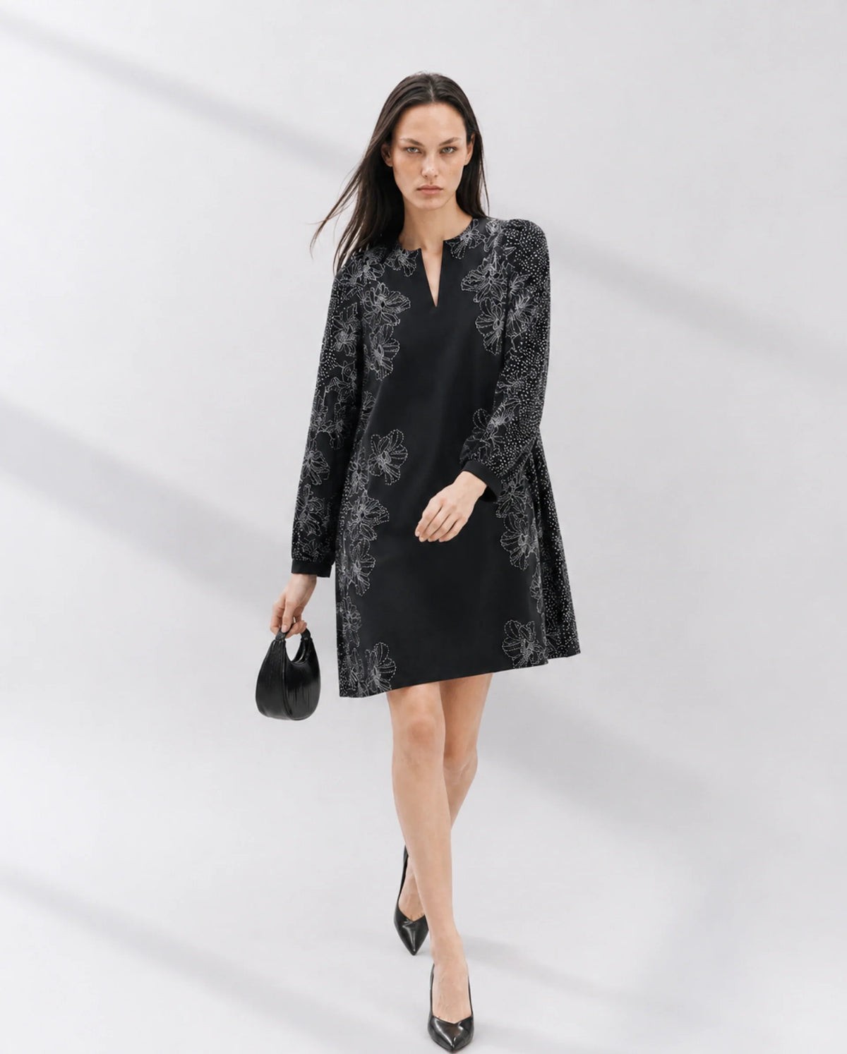 Rareism Women's Ciana Black Cotton Full Sleeve Relaxed Fit Floral Print Dress