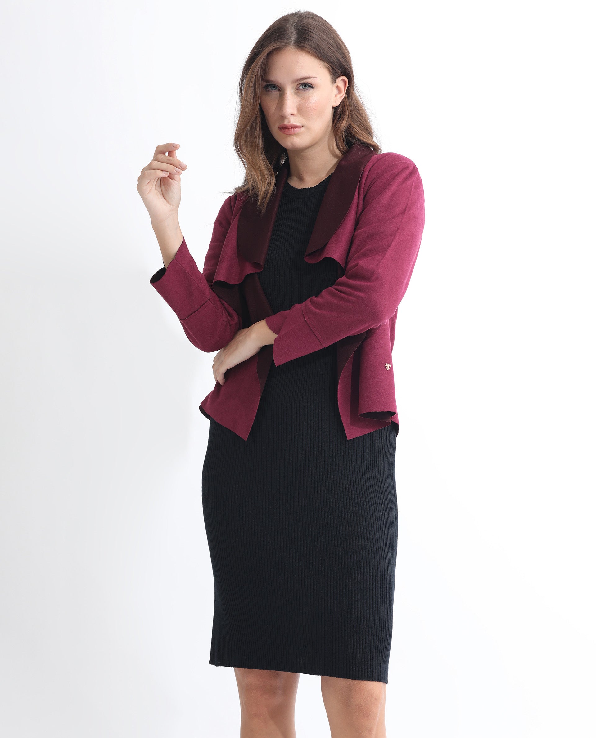 Rareism Women's Cinnamon Pink Polyester Cowl Neck Plain Relaxed Fit Jacket