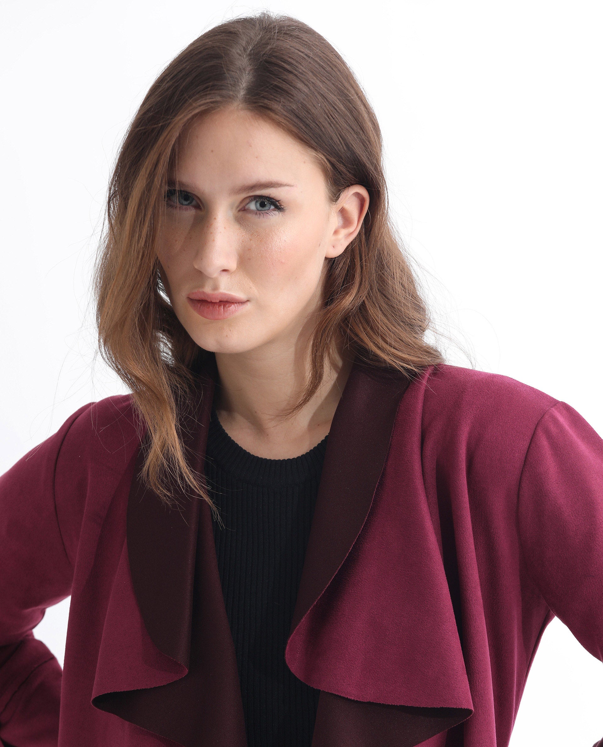 Rareism Women's Cinnamon Pink Polyester Cowl Neck Plain Relaxed Fit Jacket
