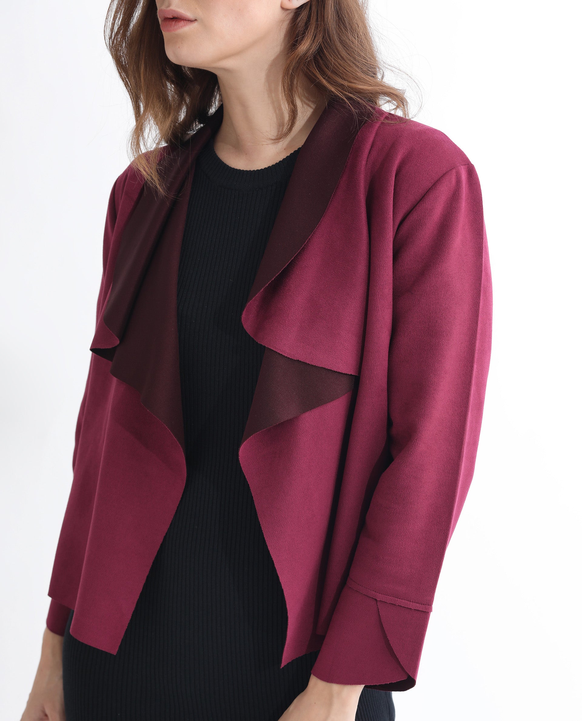 Rareism Women Cinnamon Pink Polyester Fabric Full Sleeves Cowl Neck Relaxed Fit Plain Jacket