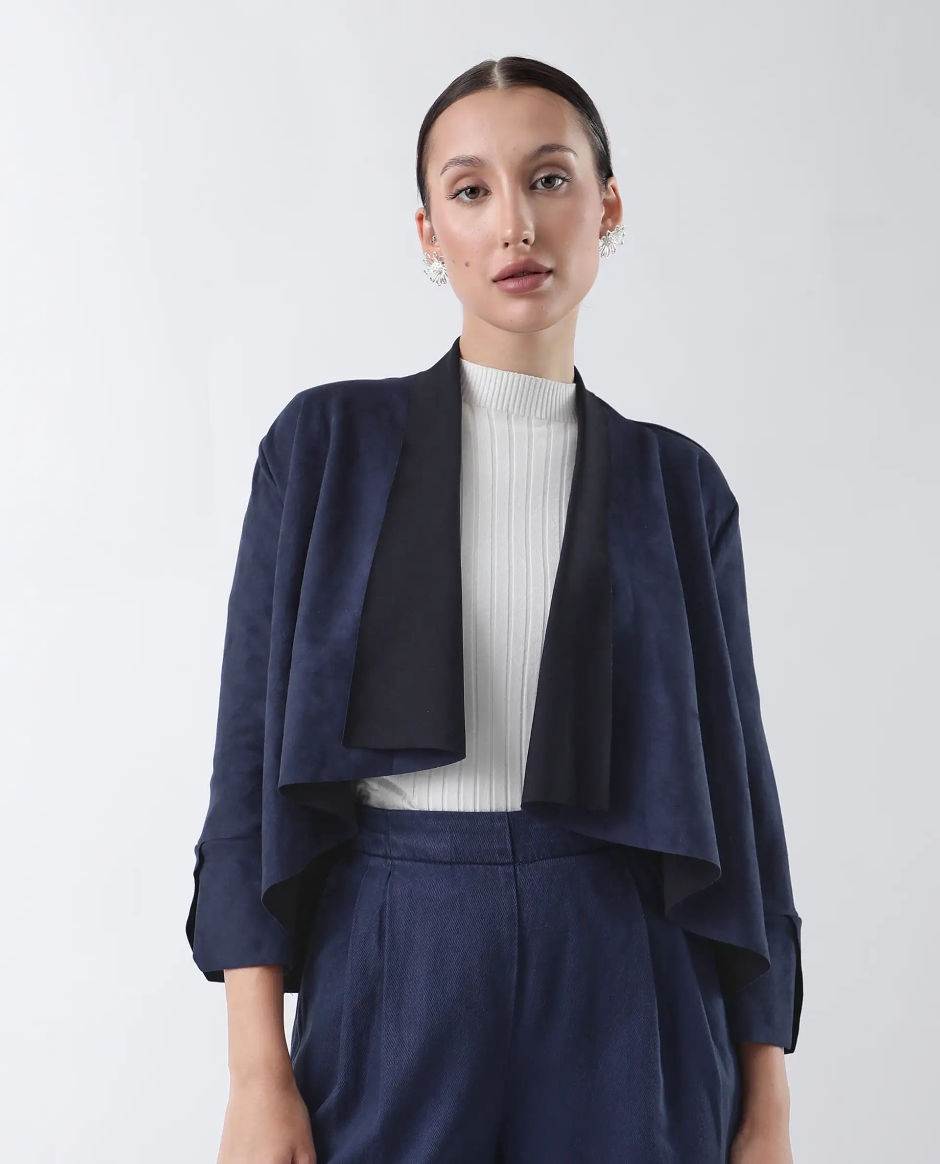 Rareism Women's Cinnamon Navy Polyester Cowl Neck Plain Relaxed Fit Jacket