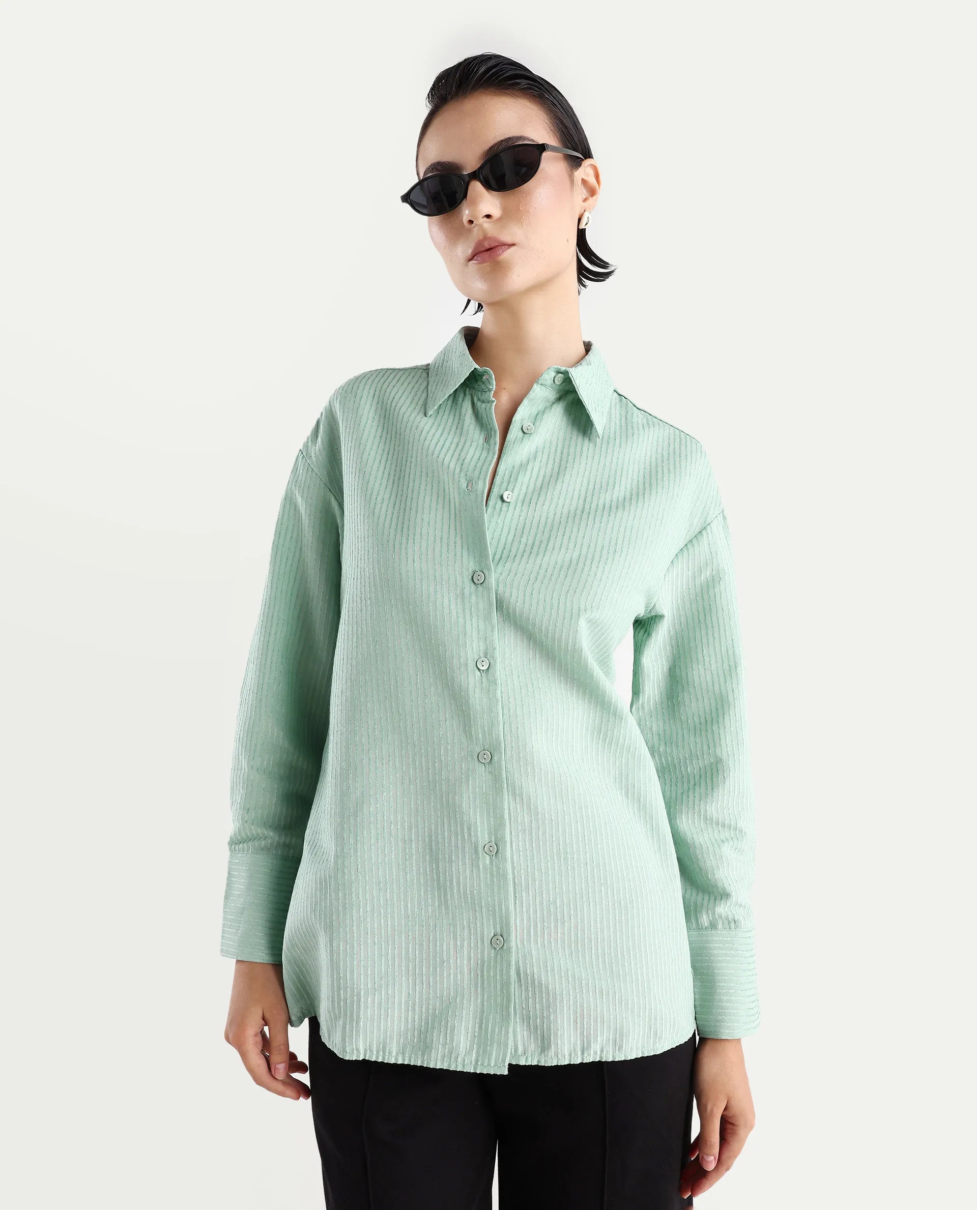 Rareism Women's Cinthia Green Polyester Spread Collar Plain Cuffed Sleeve Regular Fit Shirt