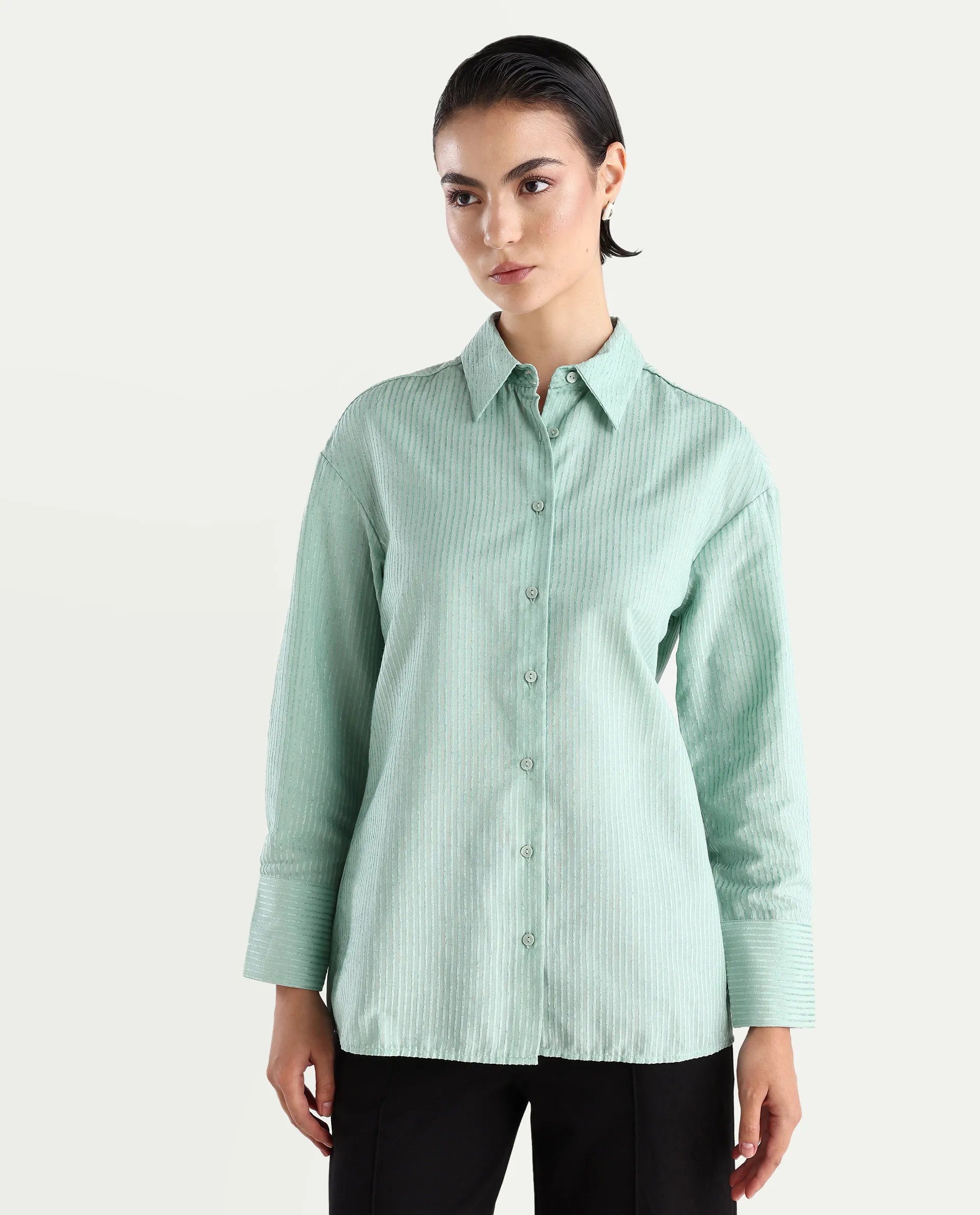 Rareism Women's Cinthia Green Polyester Spread Collar Plain Cuffed Sleeve Regular Fit Shirt