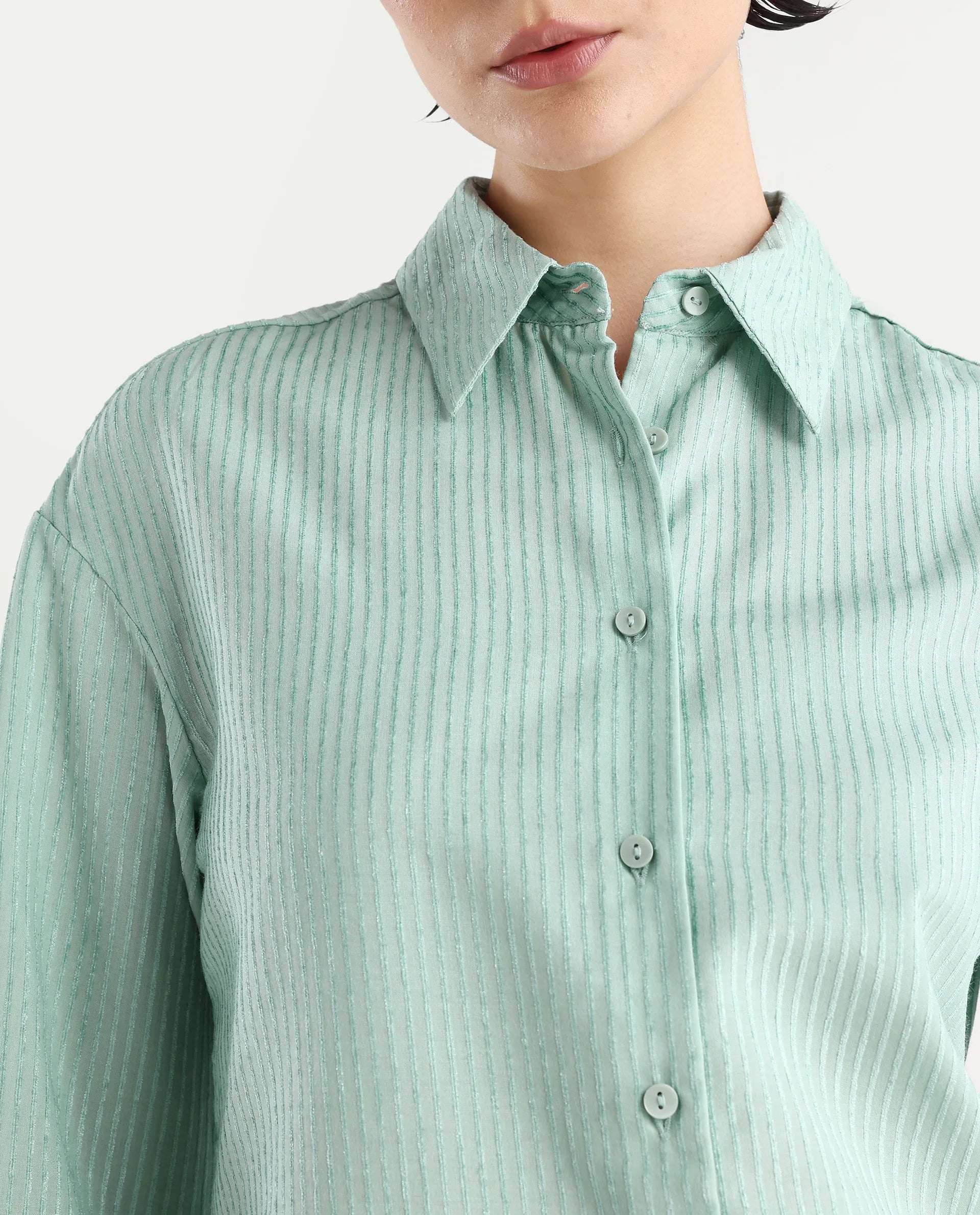 Rareism Women's Cinthia Green Polyester Spread Collar Plain Cuffed Sleeve Regular Fit Shirt