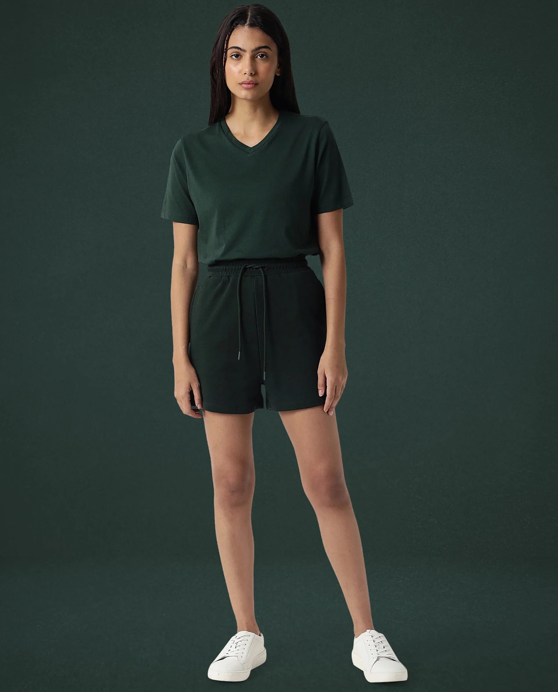 Rareism Women Ciri Dark Green Cotton Poly Fabric Relaxed Fit Solid Mid Rise Shorts