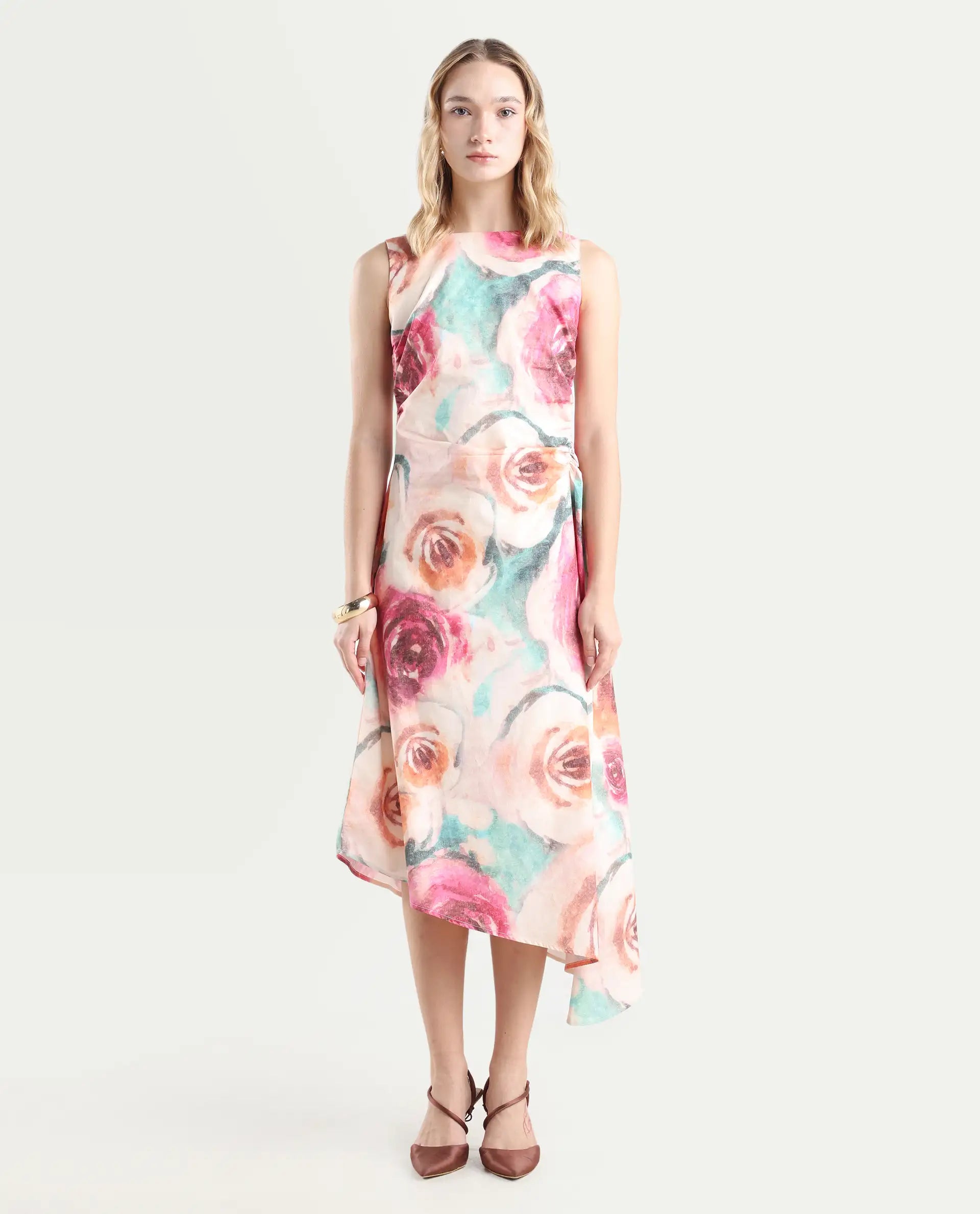 Rareism Women's Cirina Multi Boat Neck A-Line Printed Midi Dress