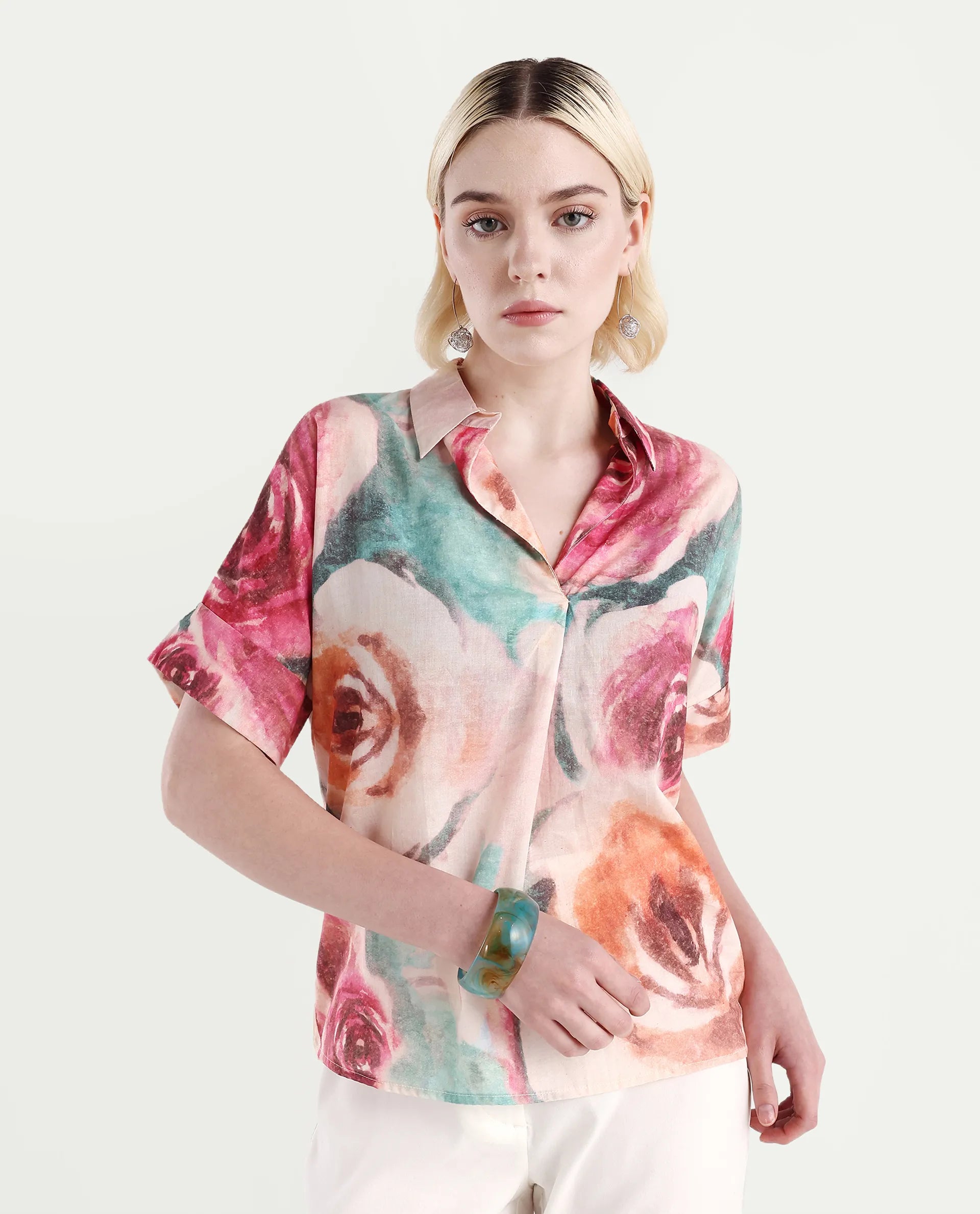 Rareism Women's Cirio Multi Johnny Collar Printed Boxy Fit Top