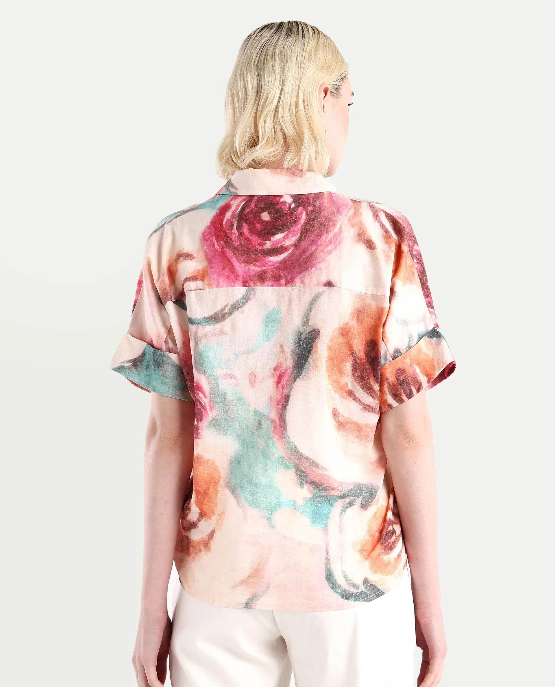 Rareism Women's Cirio Multi Johnny Collar Printed Boxy Fit Top