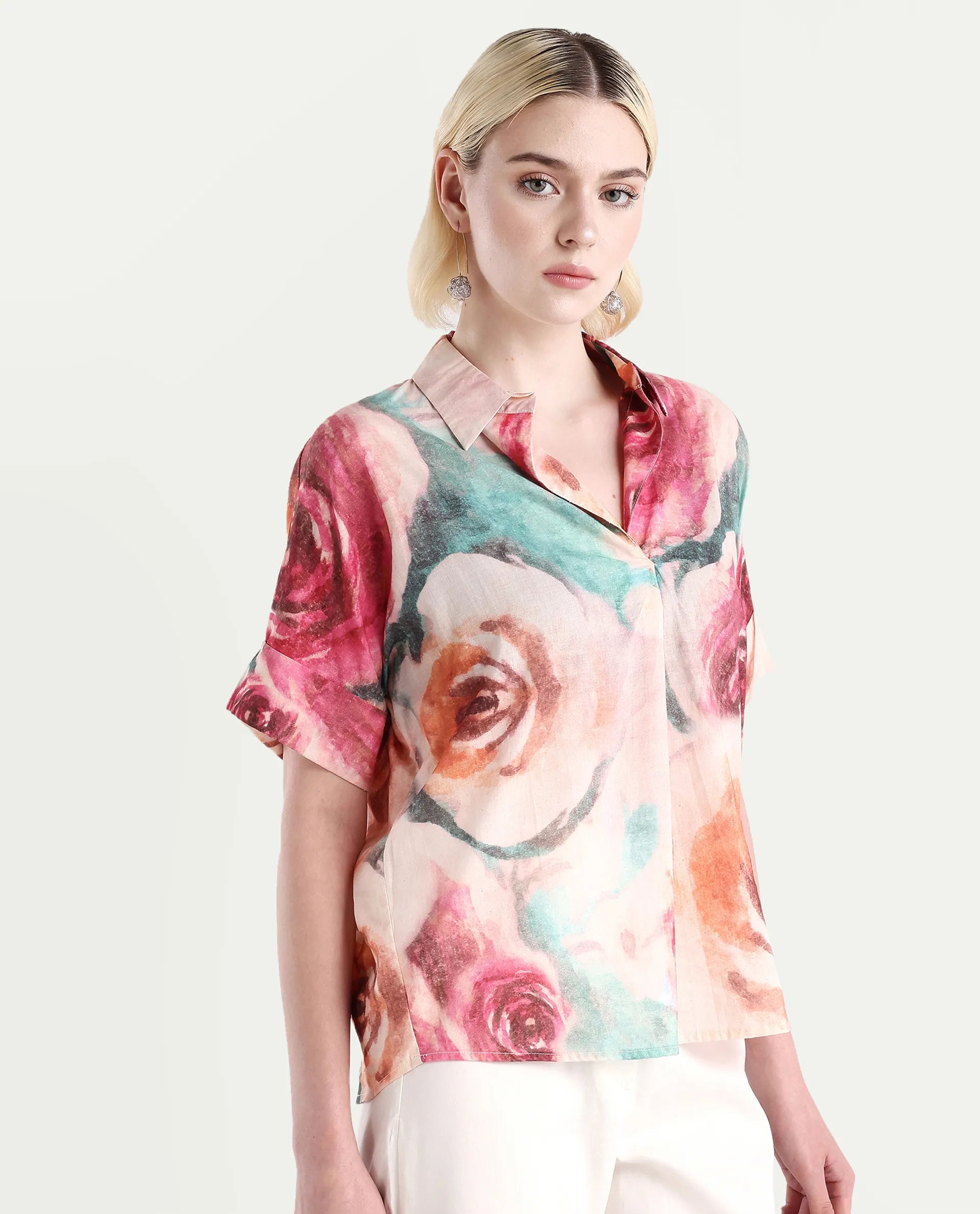 Rareism Women's Cirio Multi Johnny Collar Printed Boxy Fit Top