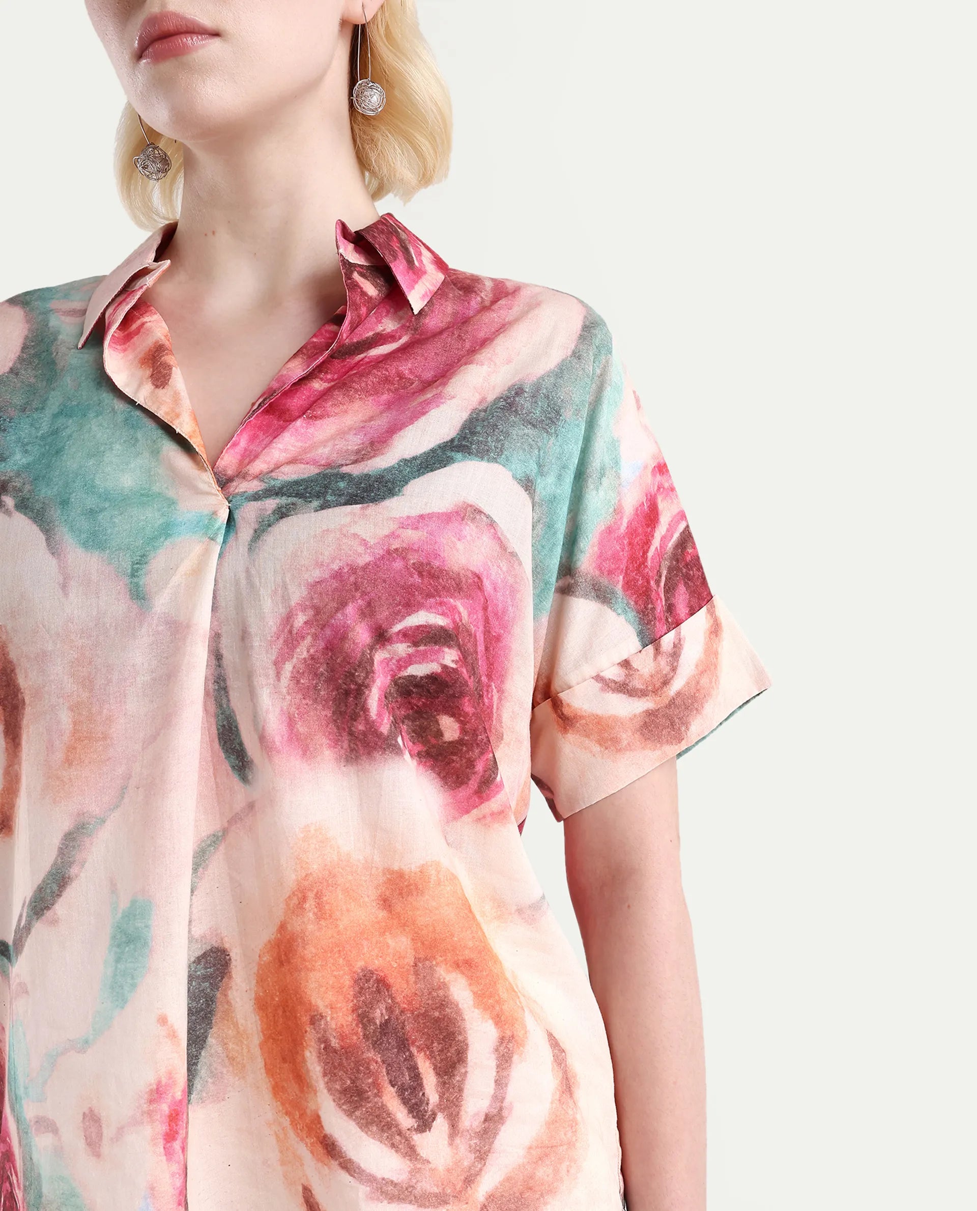 Rareism Women's Cirio Multi Johnny Collar Printed Boxy Fit Top