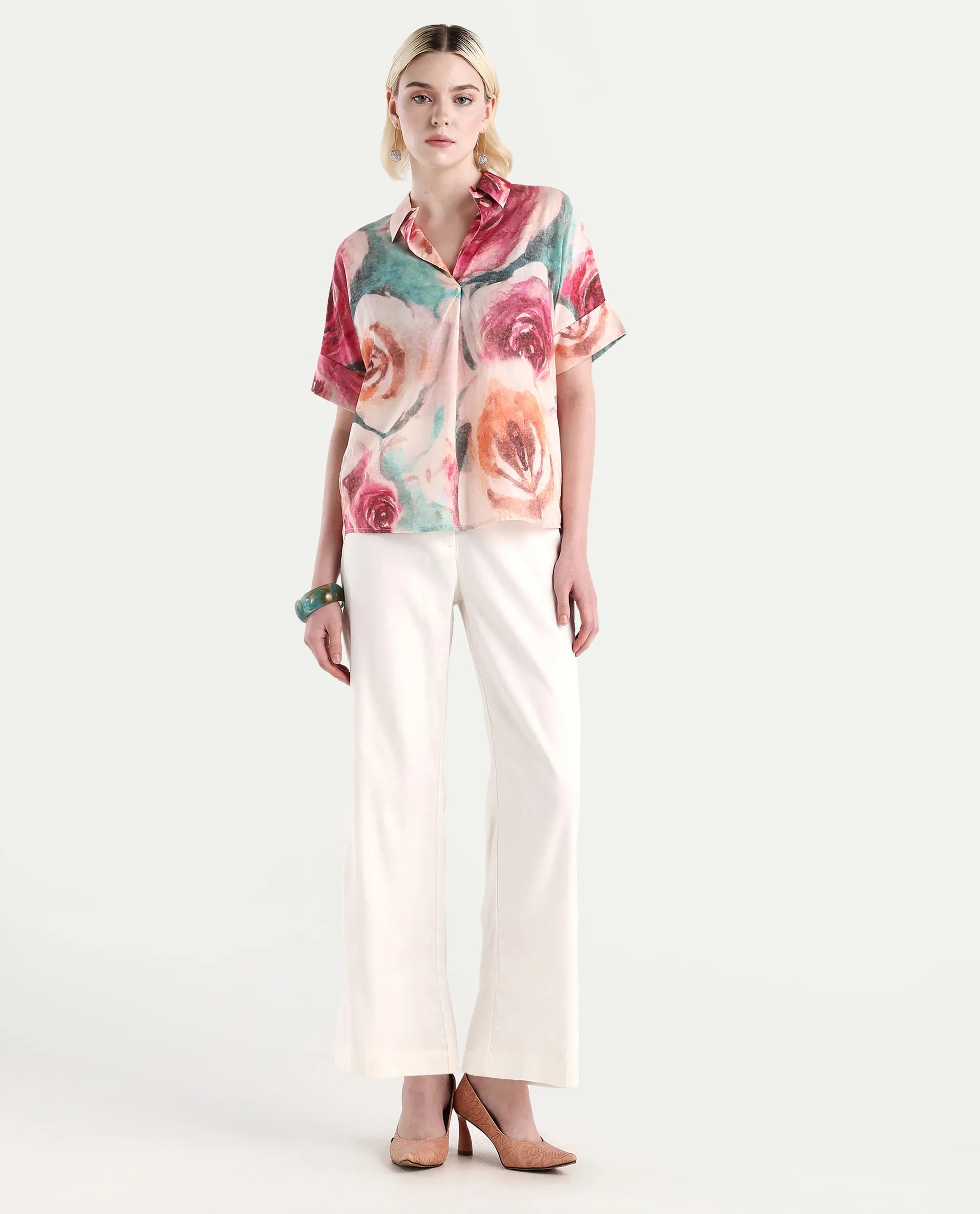 Rareism Women's Cirio Multi Johnny Collar Printed Boxy Fit Top