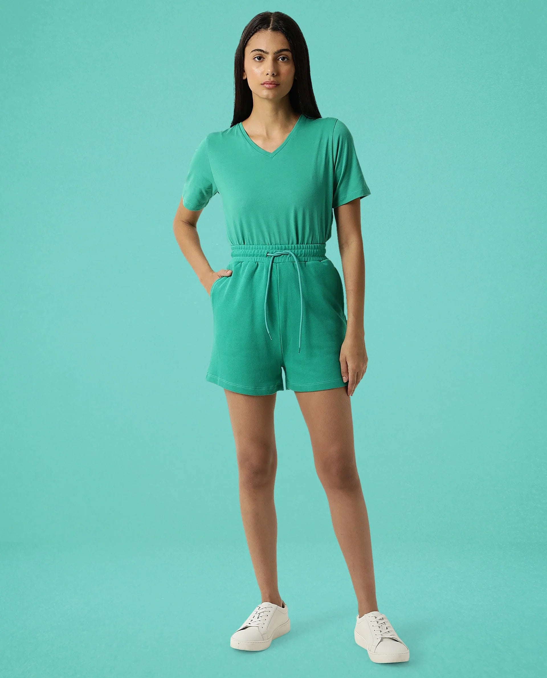 Rareism Women Ciri Green Cotton Poly Fabric Relaxed Fit Solid Mid Rise Shorts