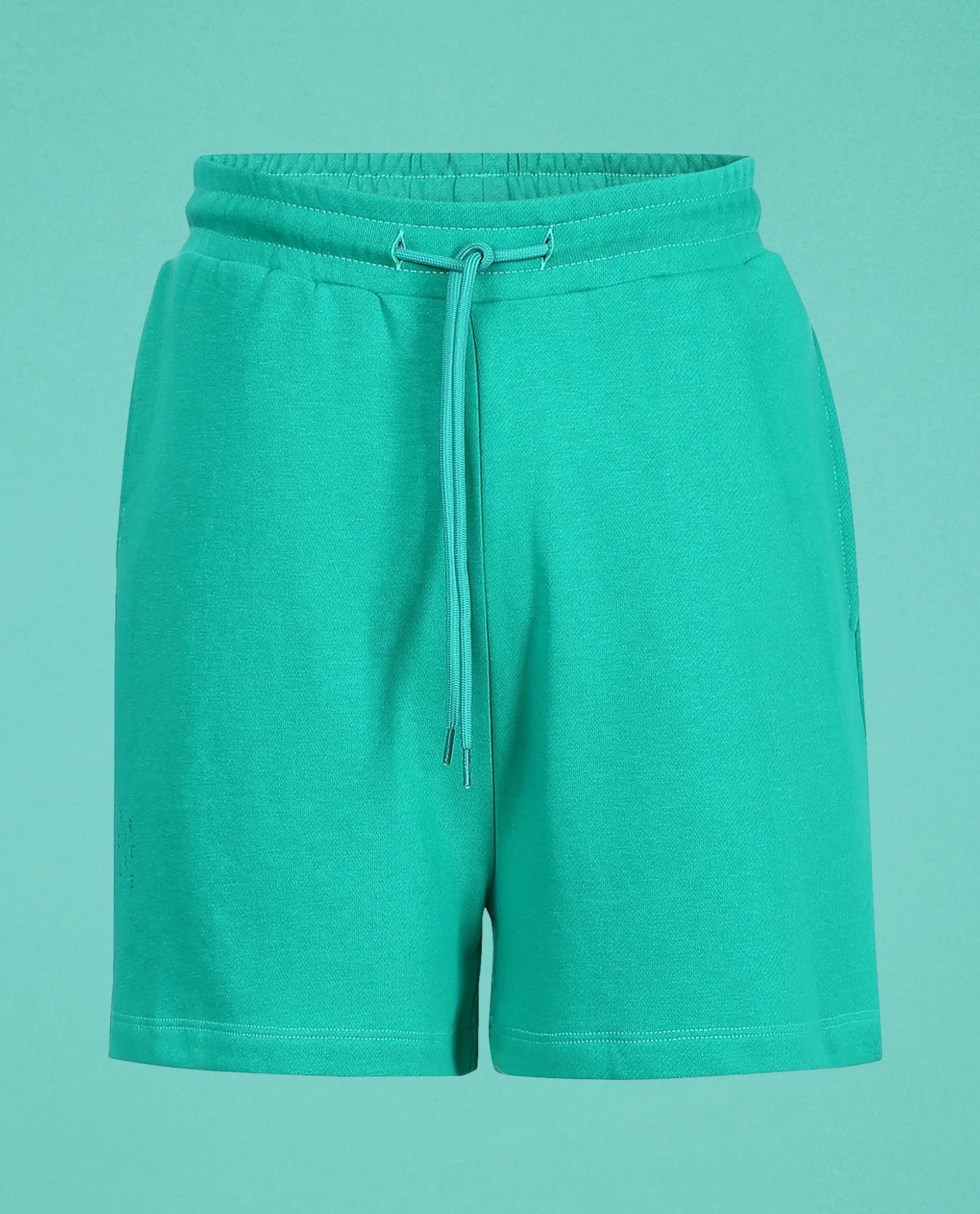 Rareism Women Ciri Green Cotton Poly Fabric Relaxed Fit Solid Mid Rise Shorts