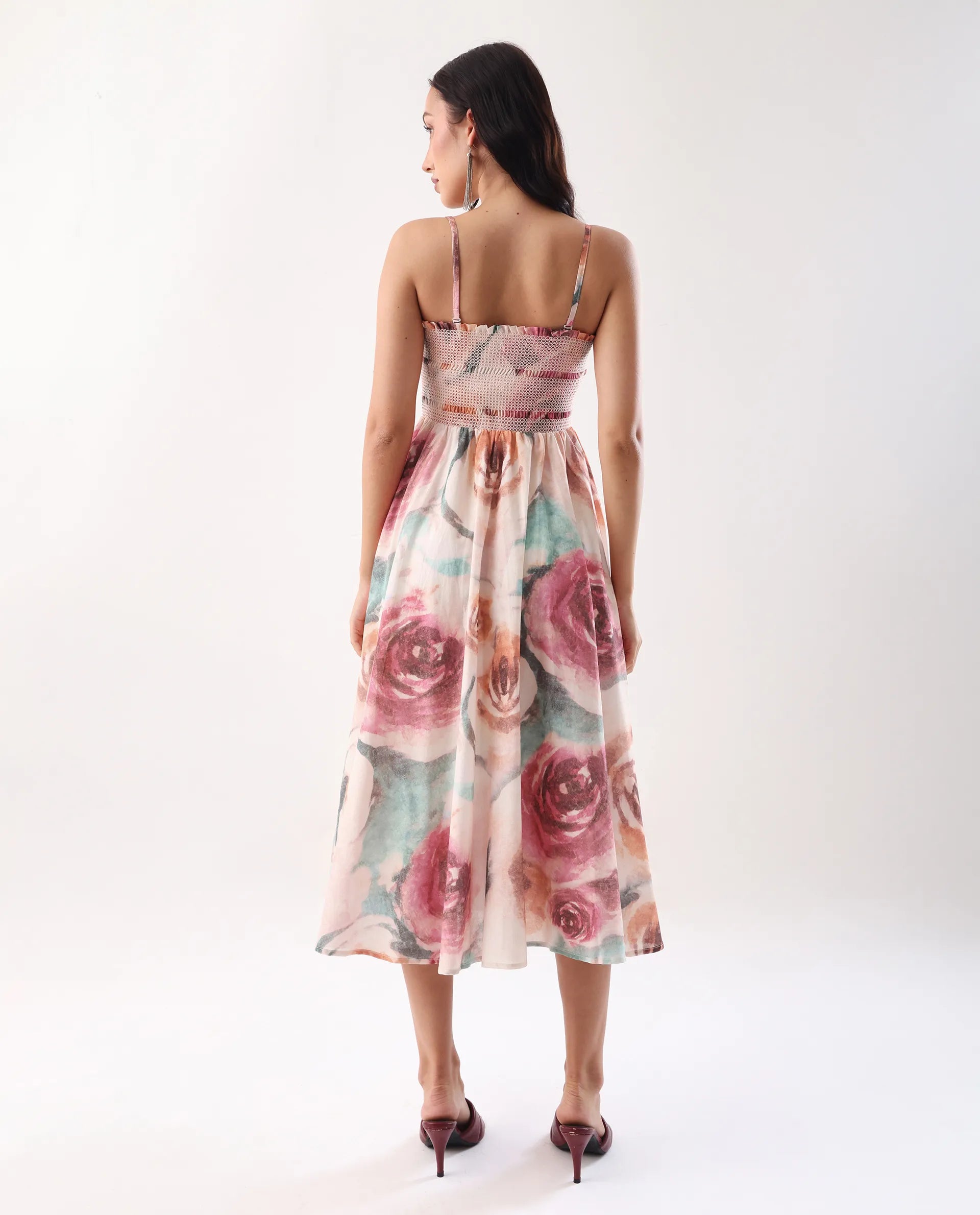 Rareism Women's Cirius Multi Tube Neck Fit And Flare Printed Midi Dress