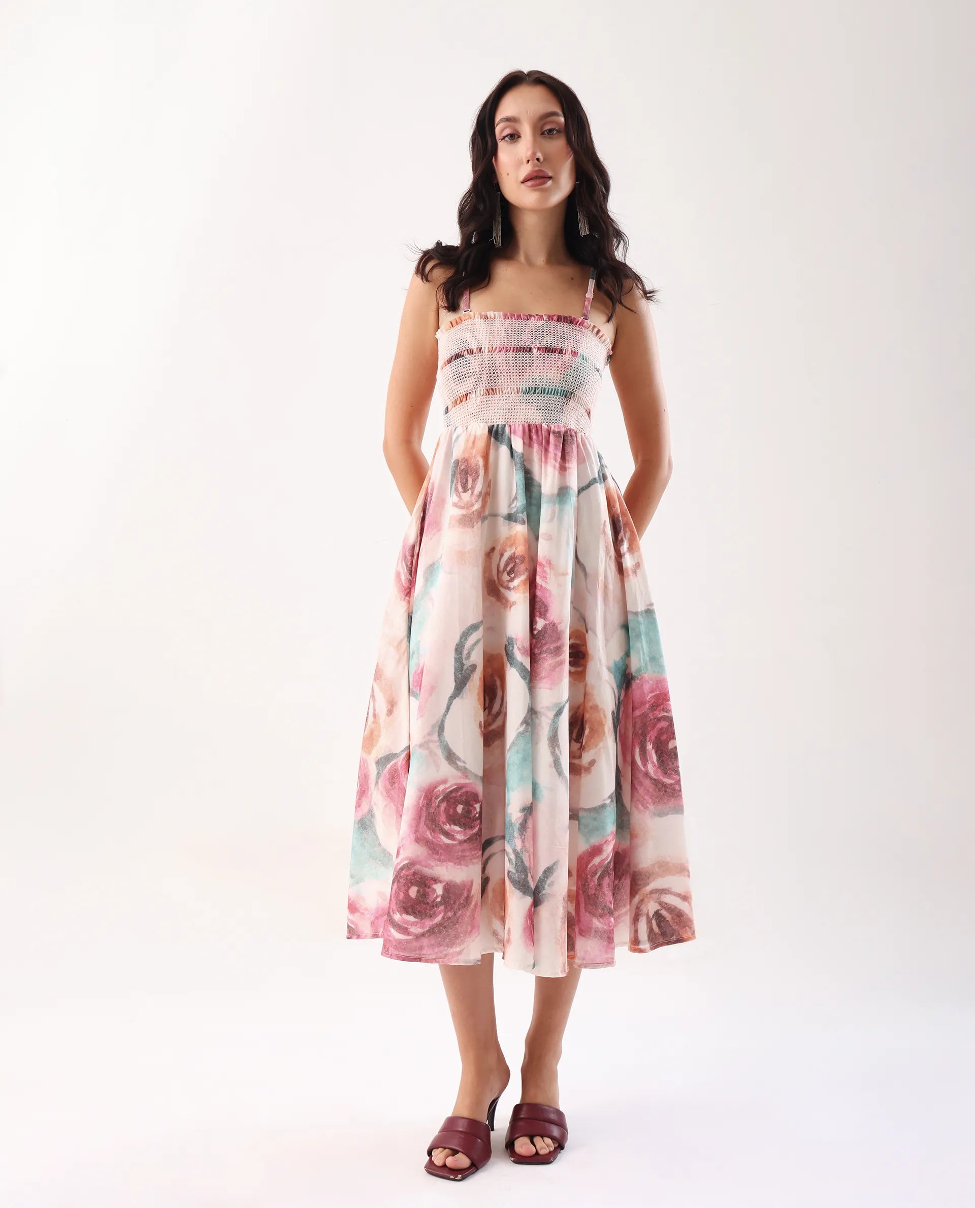 Rareism Women's Cirius Multi Tube Neck Fit And Flare Printed Midi Dress