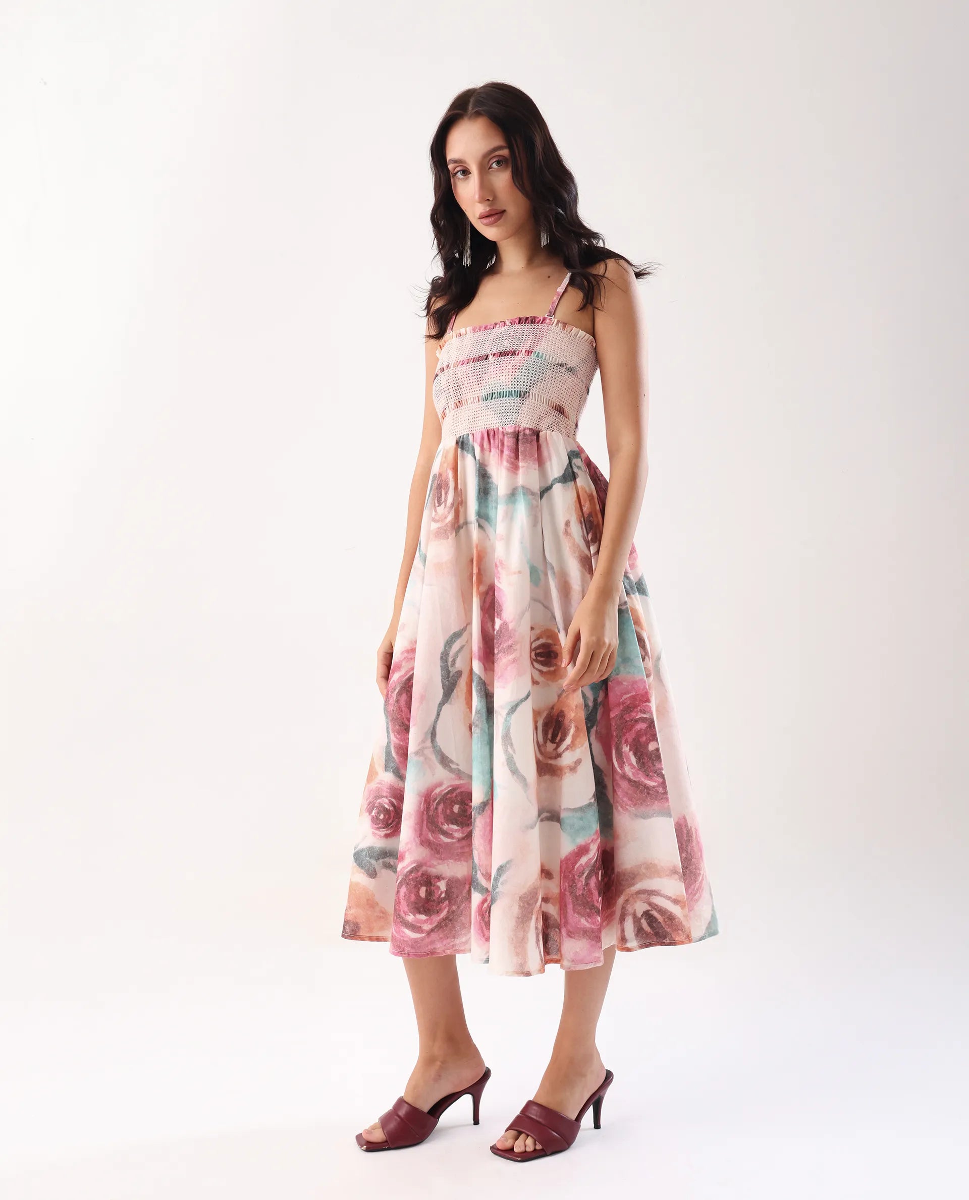 Rareism Women's Cirius Multi Tube Neck Fit And Flare Printed Midi Dress