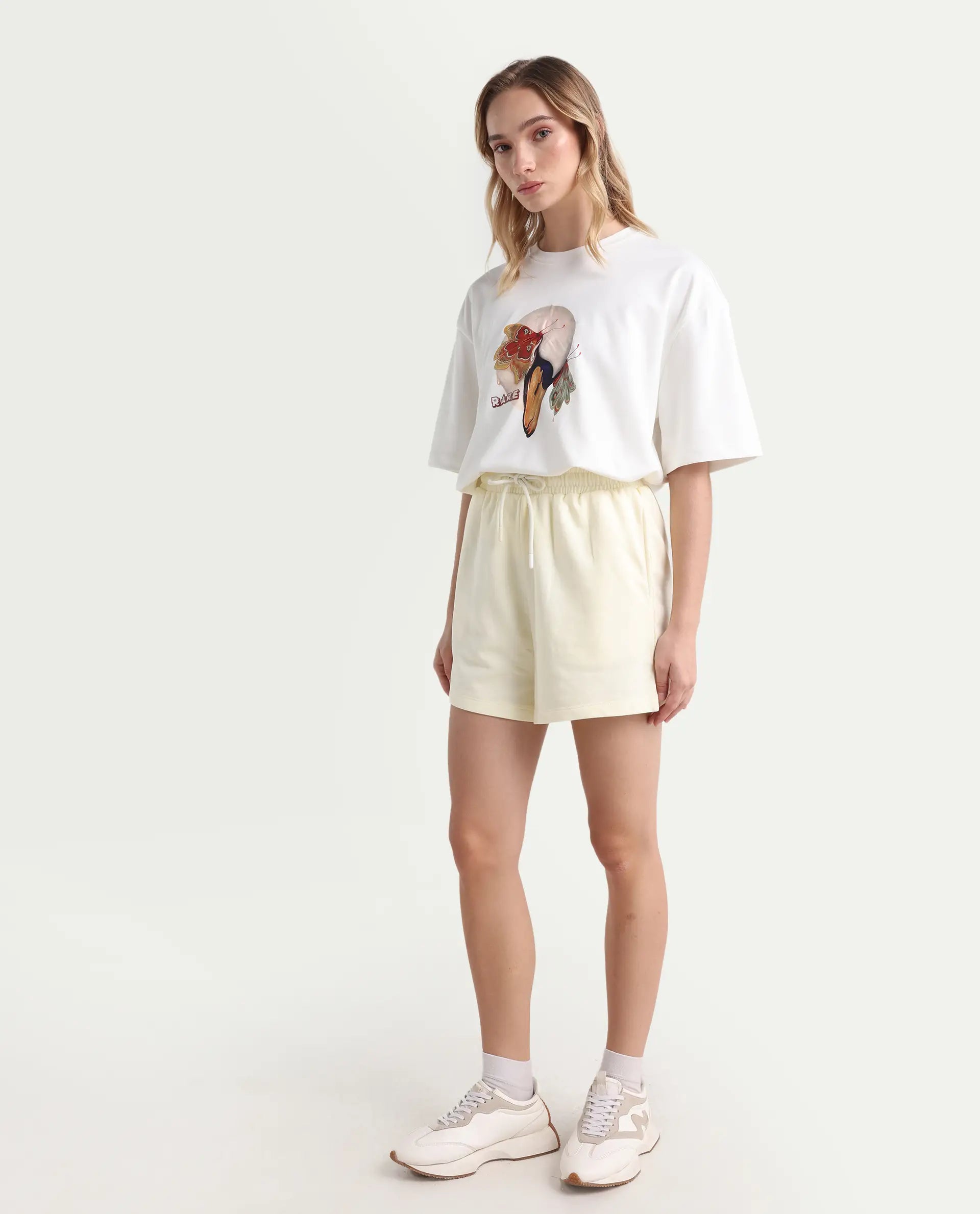 Rareism Women's Medium Weight Terry 290 Gsm Cotton Blend Plain Mini Relaxed Fit Shorts