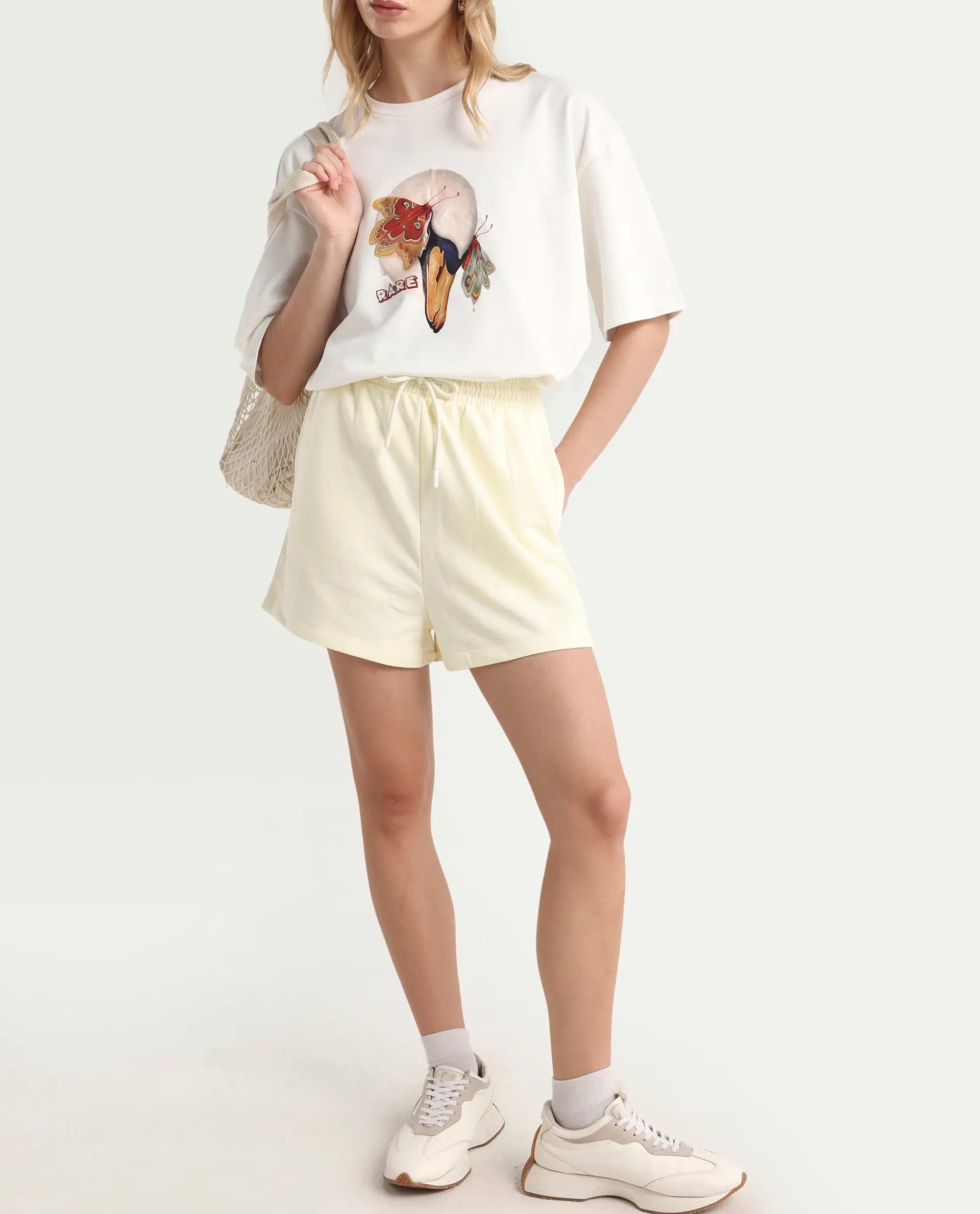 Rareism Women's Medium Weight Terry 290 Gsm Cotton Blend Plain Mini Relaxed Fit Shorts