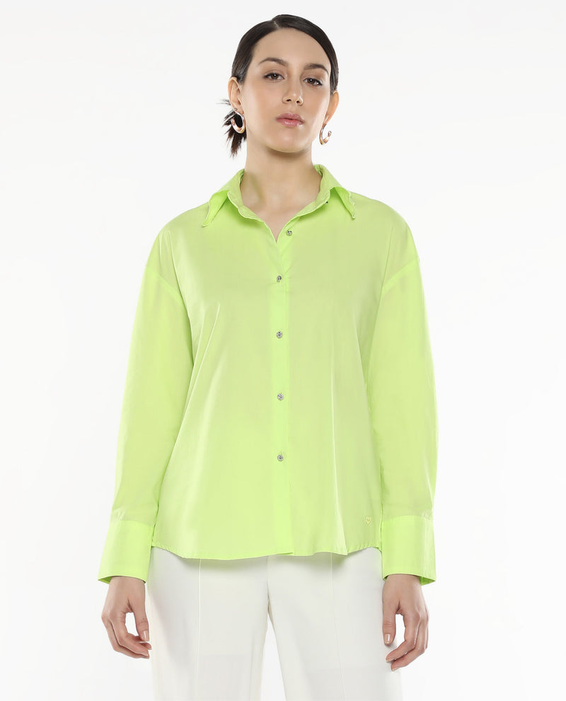 Rareism Women Citta Flouroscent Green Cuffed Sleeves Collared Neck Button Closure Plain Shirt