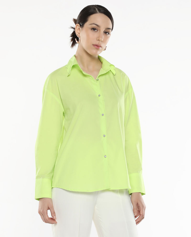 Rareism Women Citta Flouroscent Green Cuffed Sleeves Collared Neck Button Closure Plain Shirt