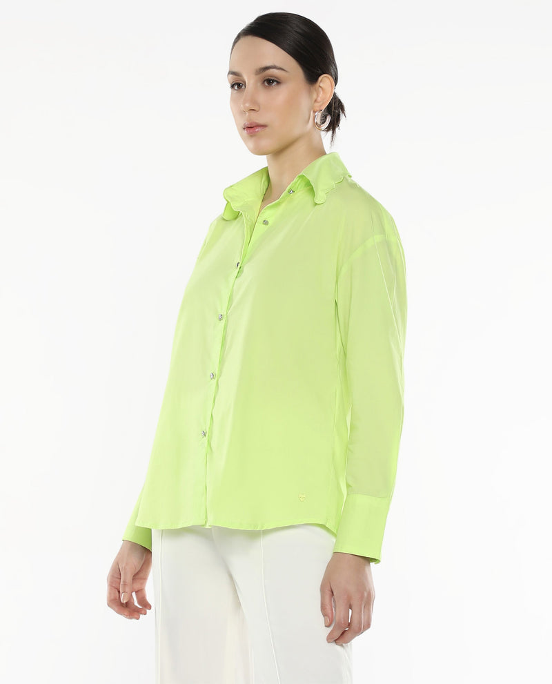 Rareism Women Citta Flouroscent Green Cuffed Sleeves Collared Neck Button Closure Plain Shirt