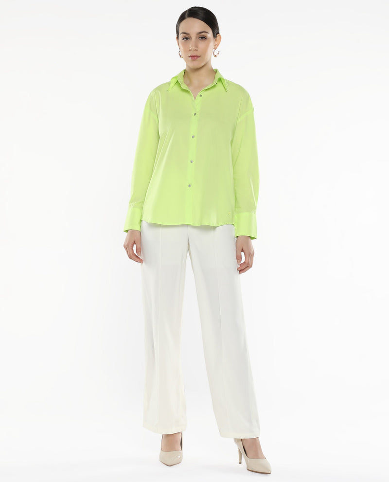 Rareism Women Citta Flouroscent Green Cuffed Sleeves Collared Neck Button Closure Plain Shirt