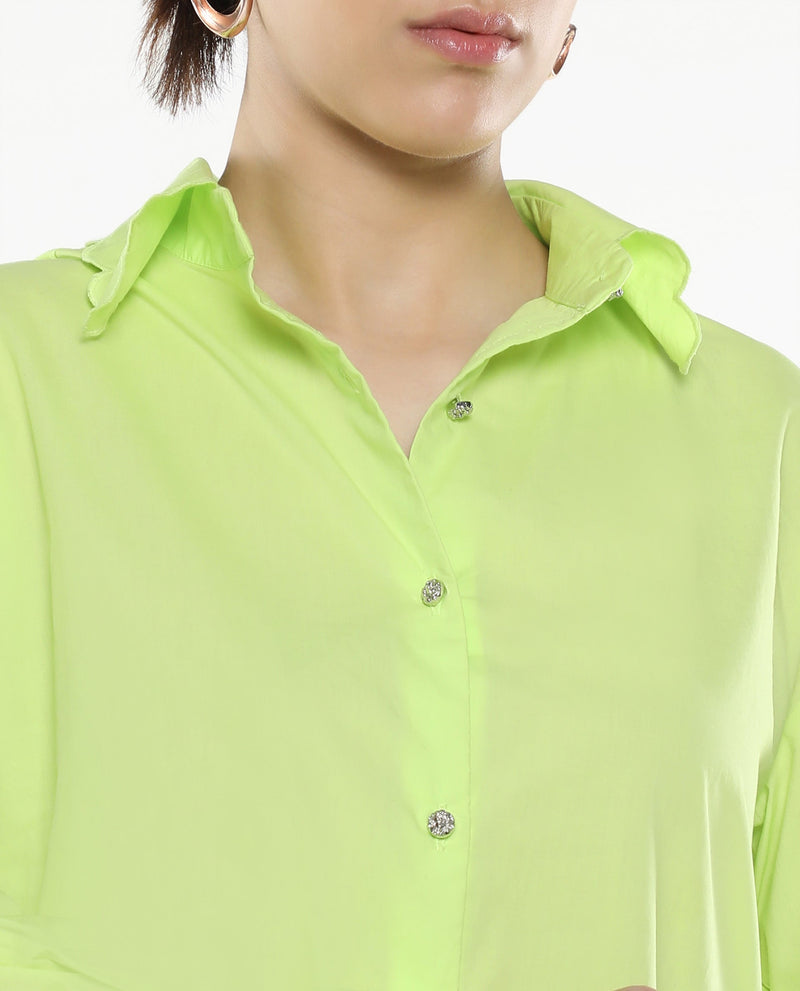 Rareism Women Citta Flouroscent Green Cuffed Sleeves Collared Neck Button Closure Plain Shirt