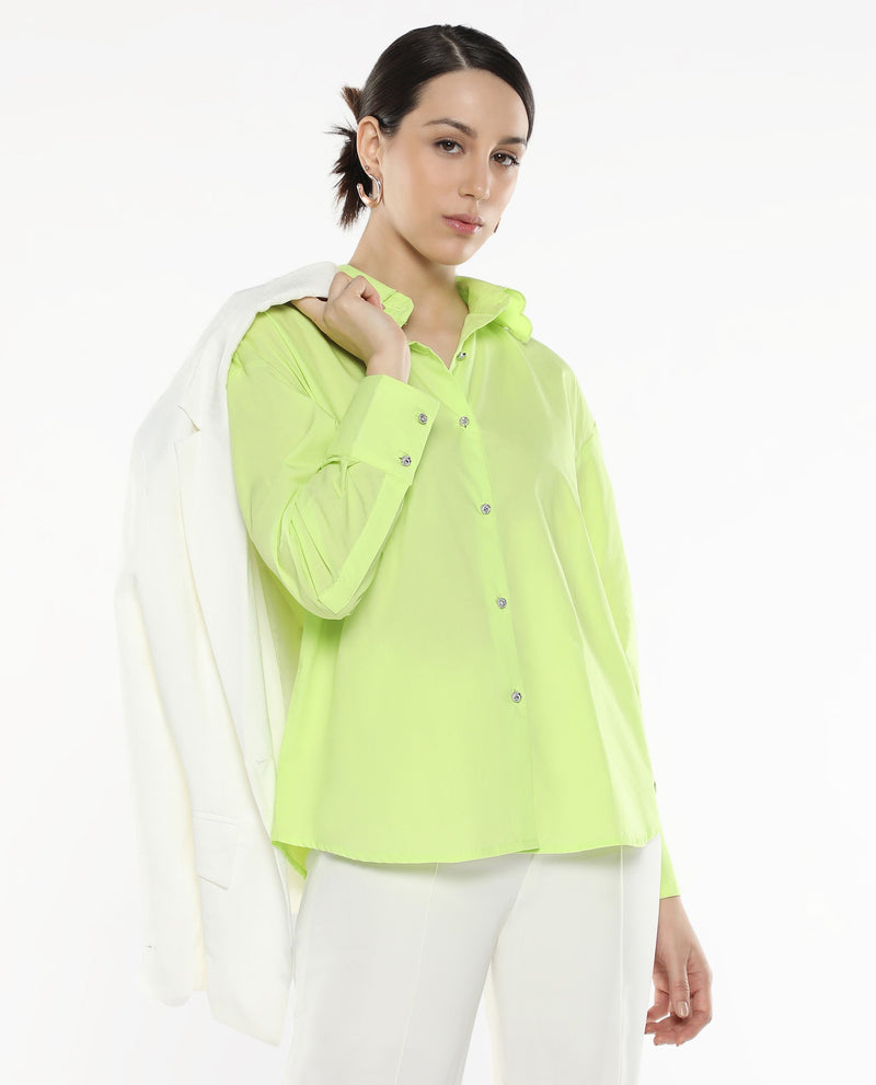 Rareism Women Citta Flouroscent Green Cuffed Sleeves Collared Neck Button Closure Plain Shirt