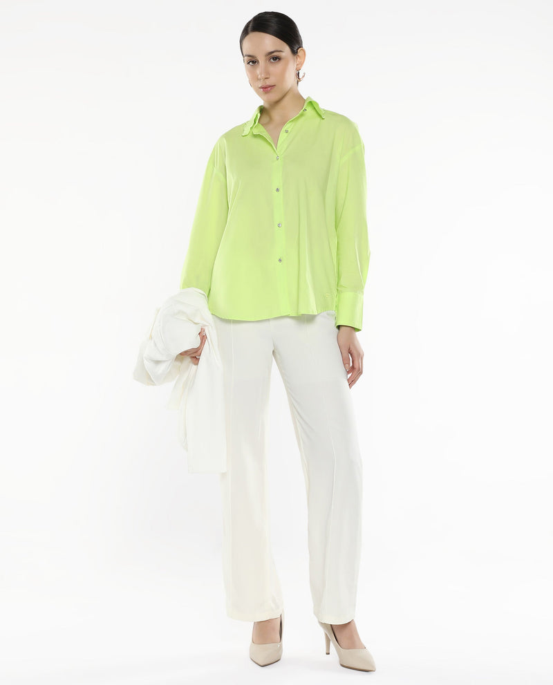 Rareism Women Citta Flouroscent Green Cuffed Sleeves Collared Neck Button Closure Plain Shirt