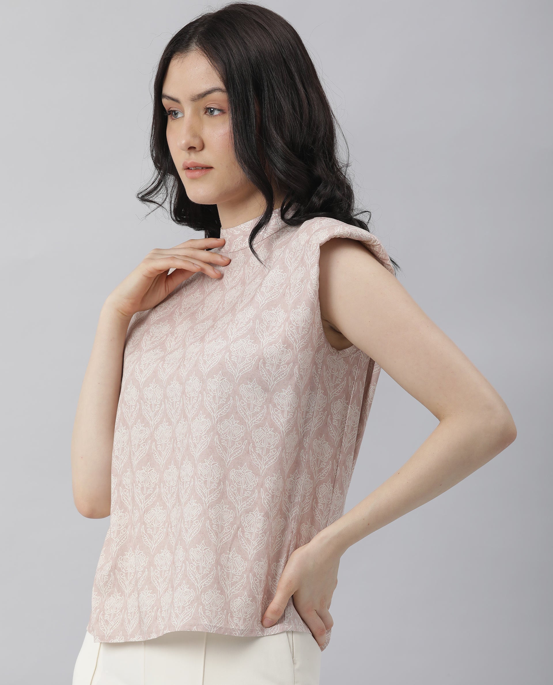 Rareism Womens Classic Pink Floral Printed Top Sleeveless Round Neck