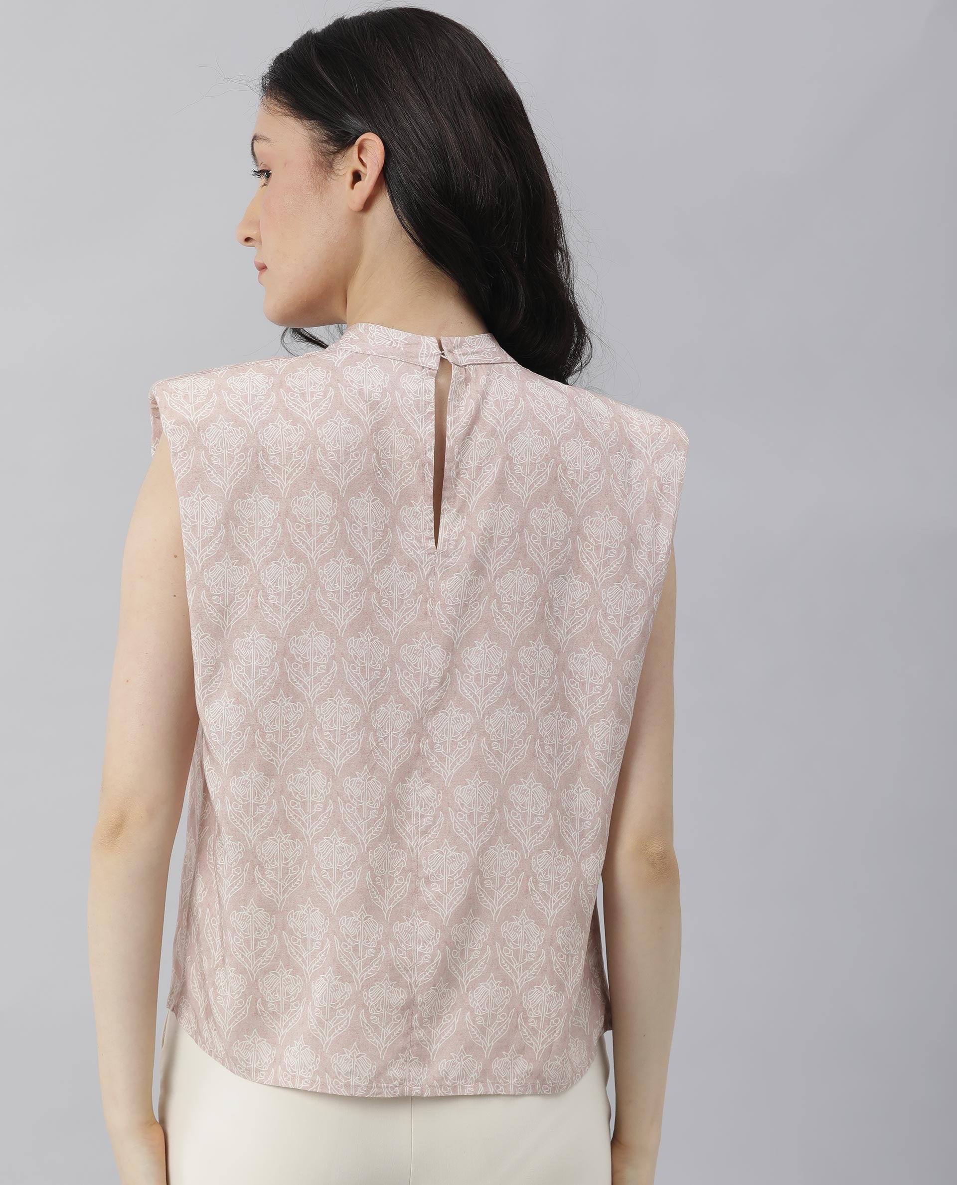 Rareism Womens Classic Pink Floral Printed Top Sleeveless Round Neck