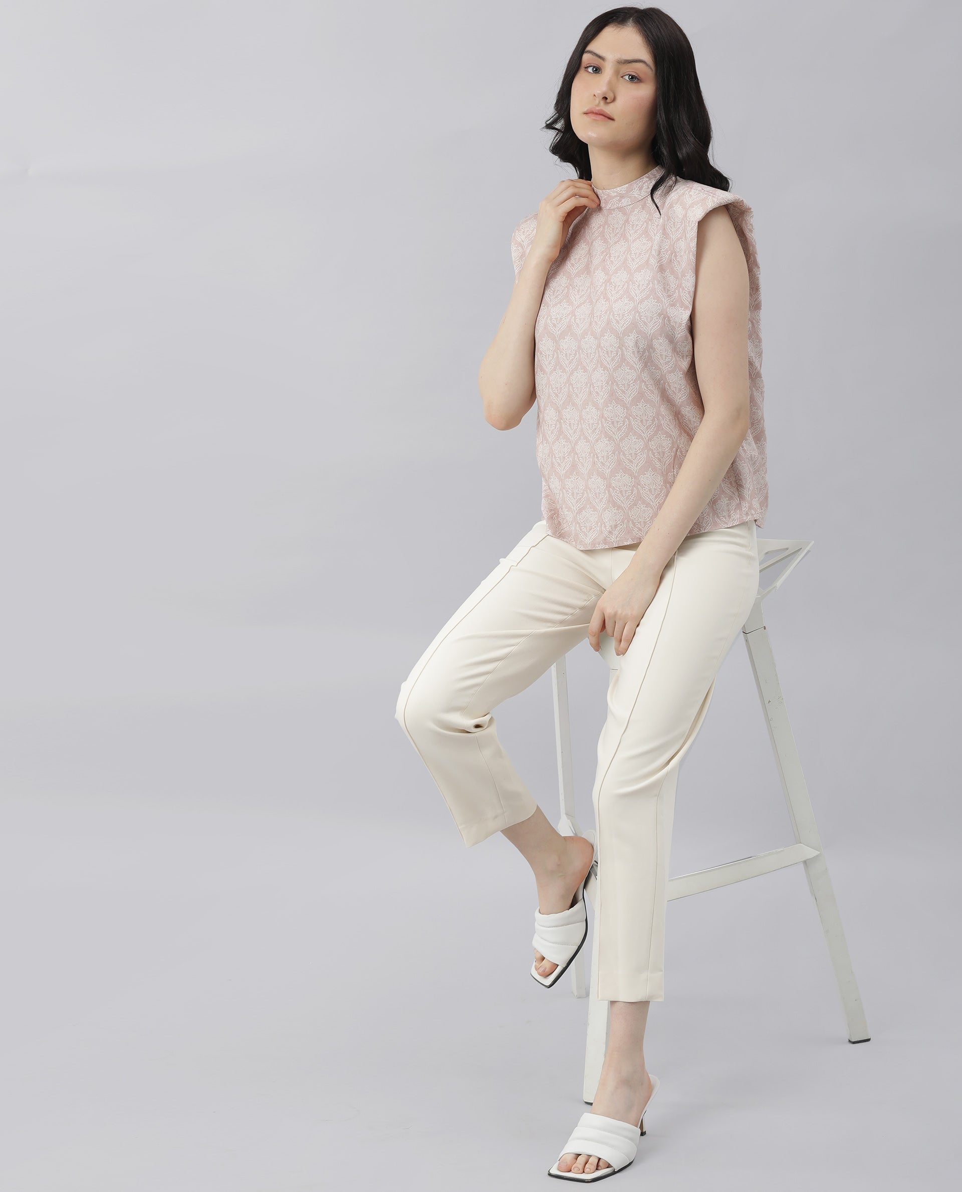 Rareism Womens Classic Pink Floral Printed Top Sleeveless Round Neck