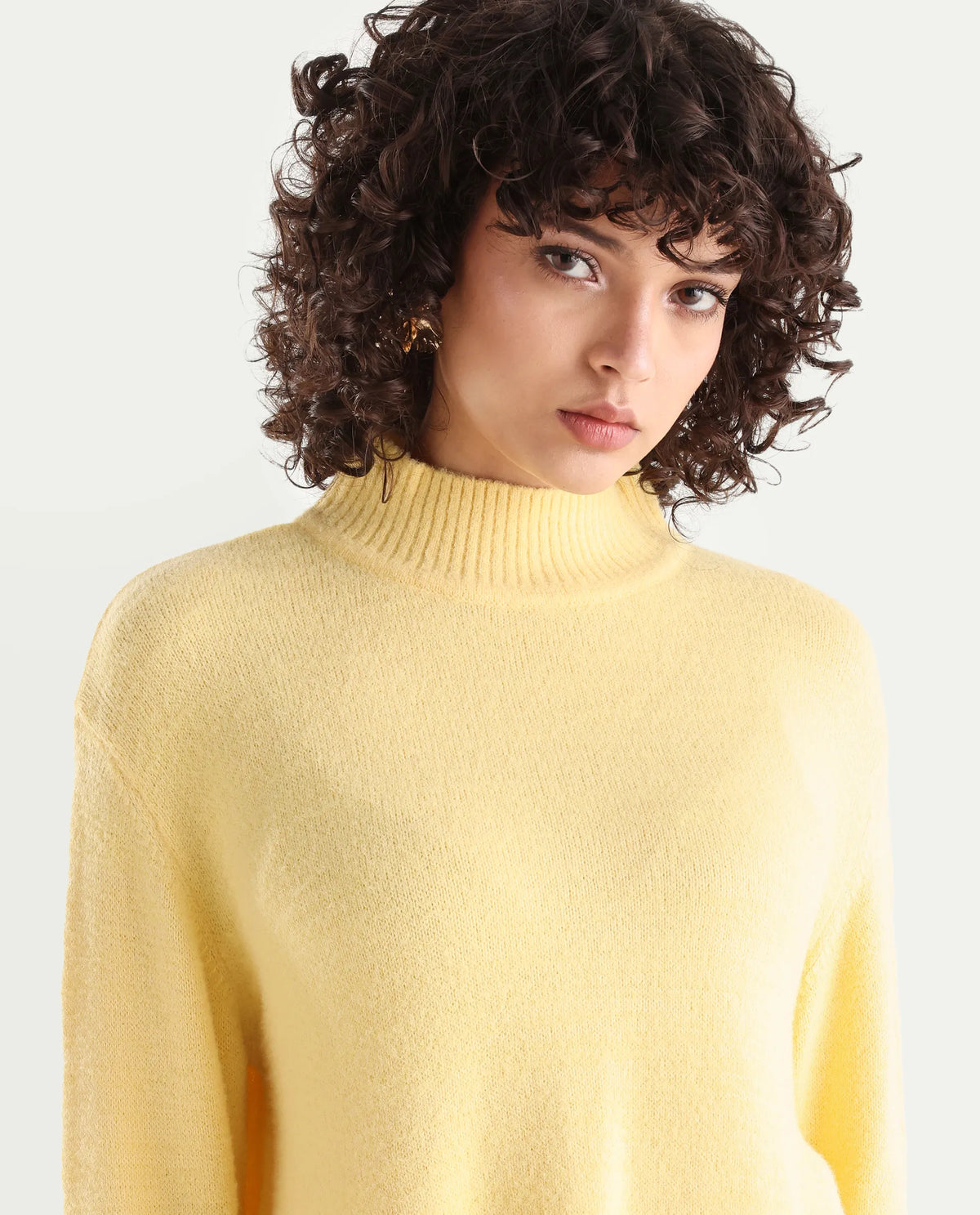 Rareism Women's Clawdia Yellow Acrylic High Neck Plain Relaxed Fit Sweater