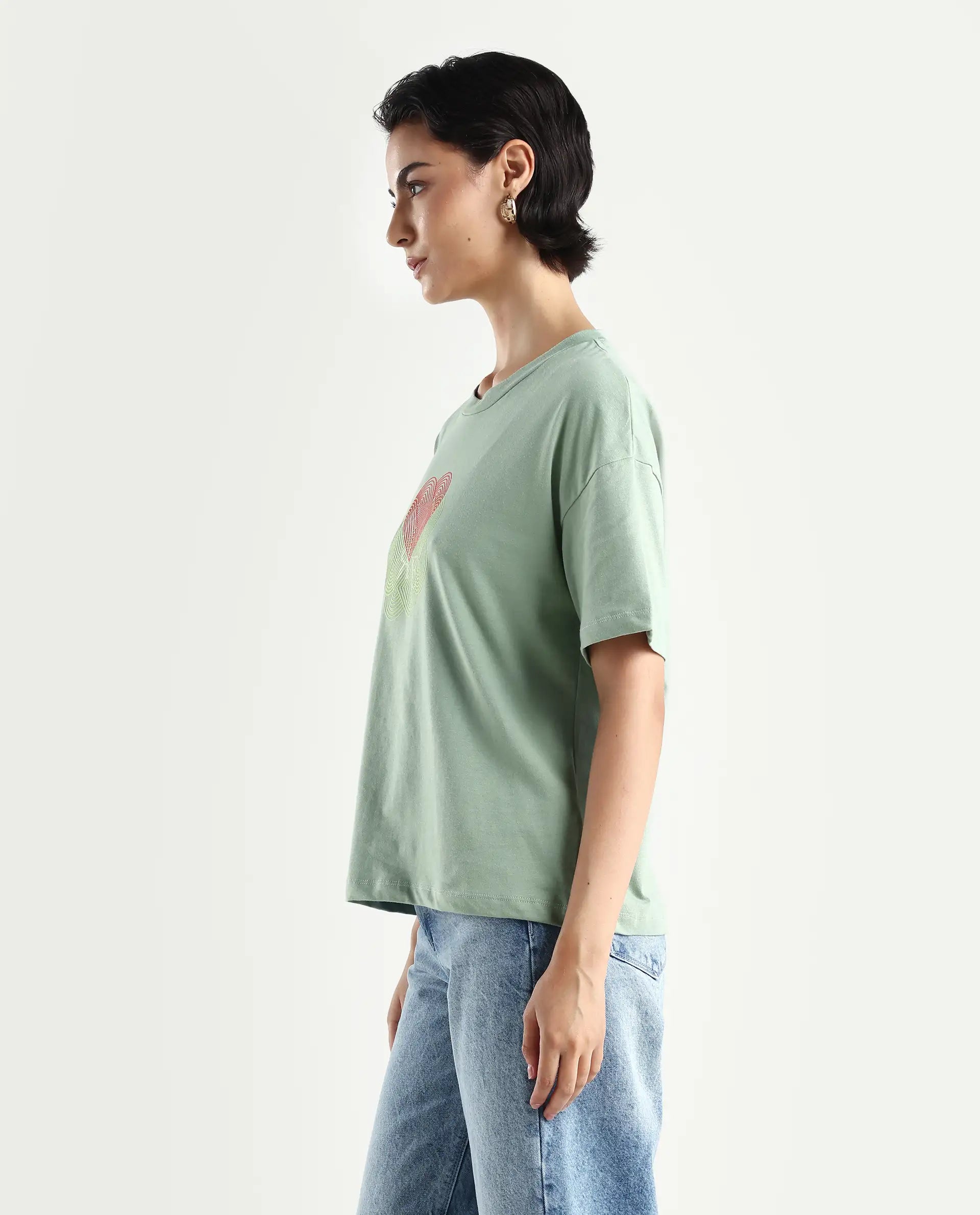 Rareism Women's Clea-R Dusky Green Knit Crew Neck Plain T-Shirt