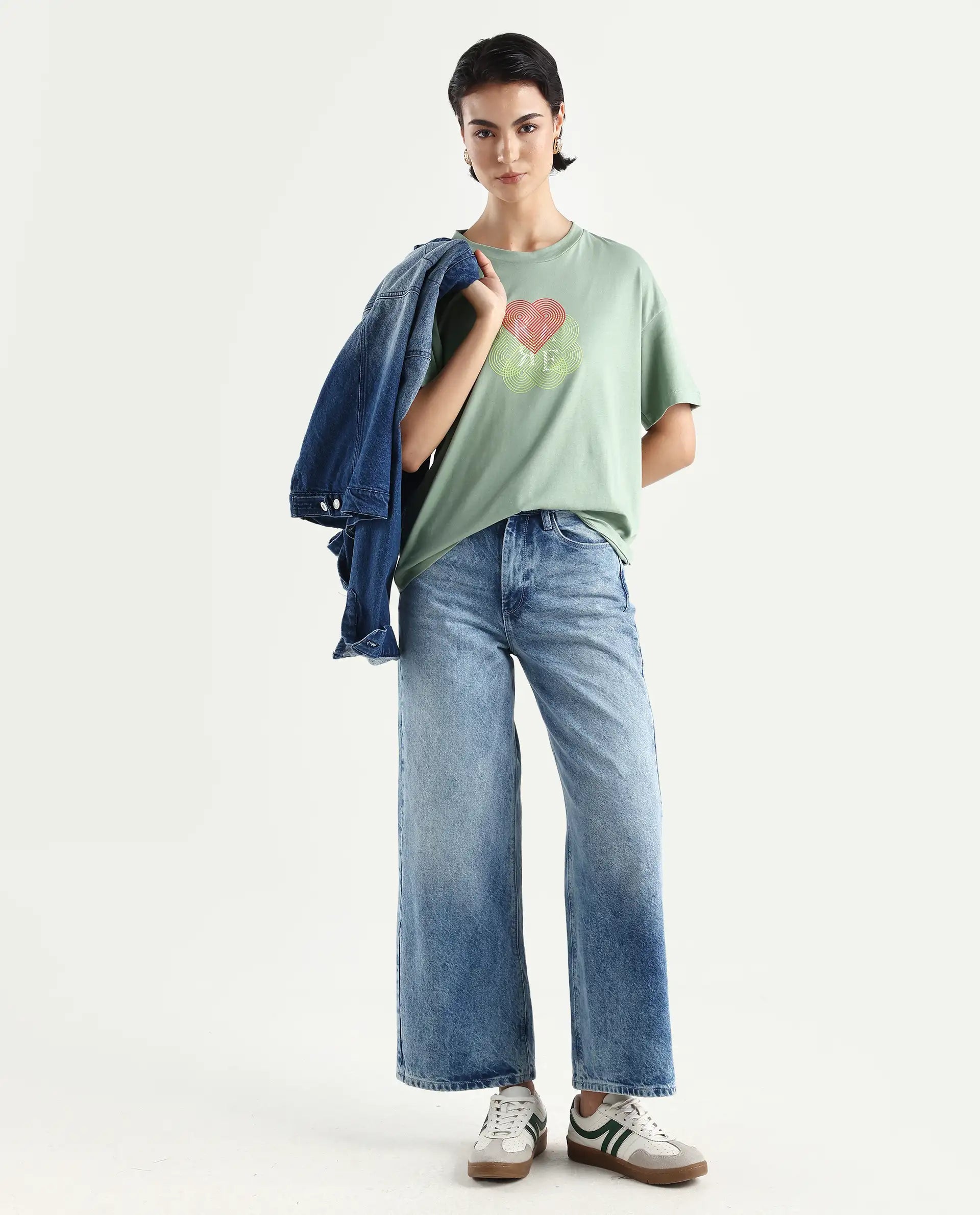 Rareism Women's Clea-R Dusky Green Knit Crew Neck Plain T-Shirt