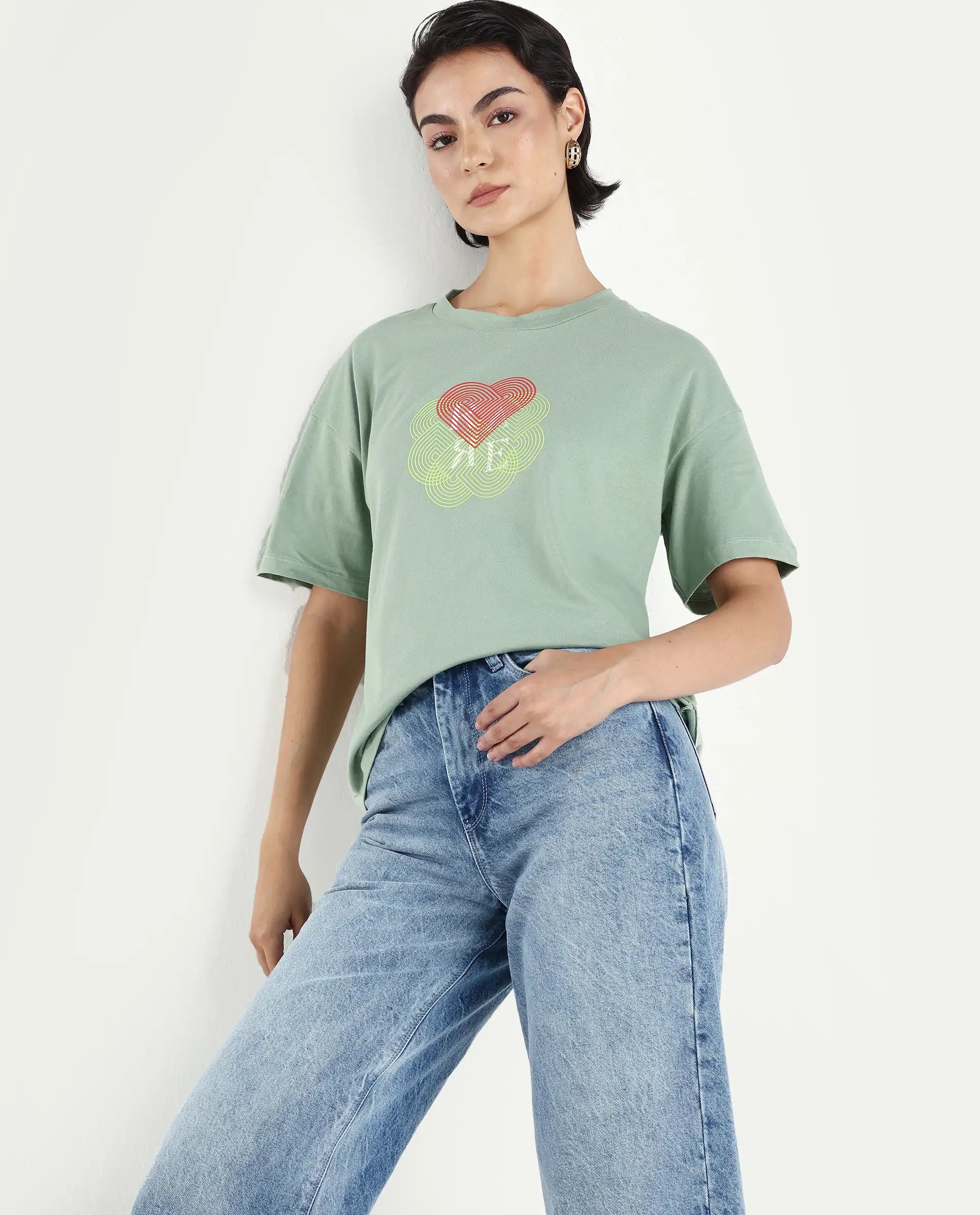 Rareism Women's Clea-R Dusky Green Knit Crew Neck Plain T-Shirt