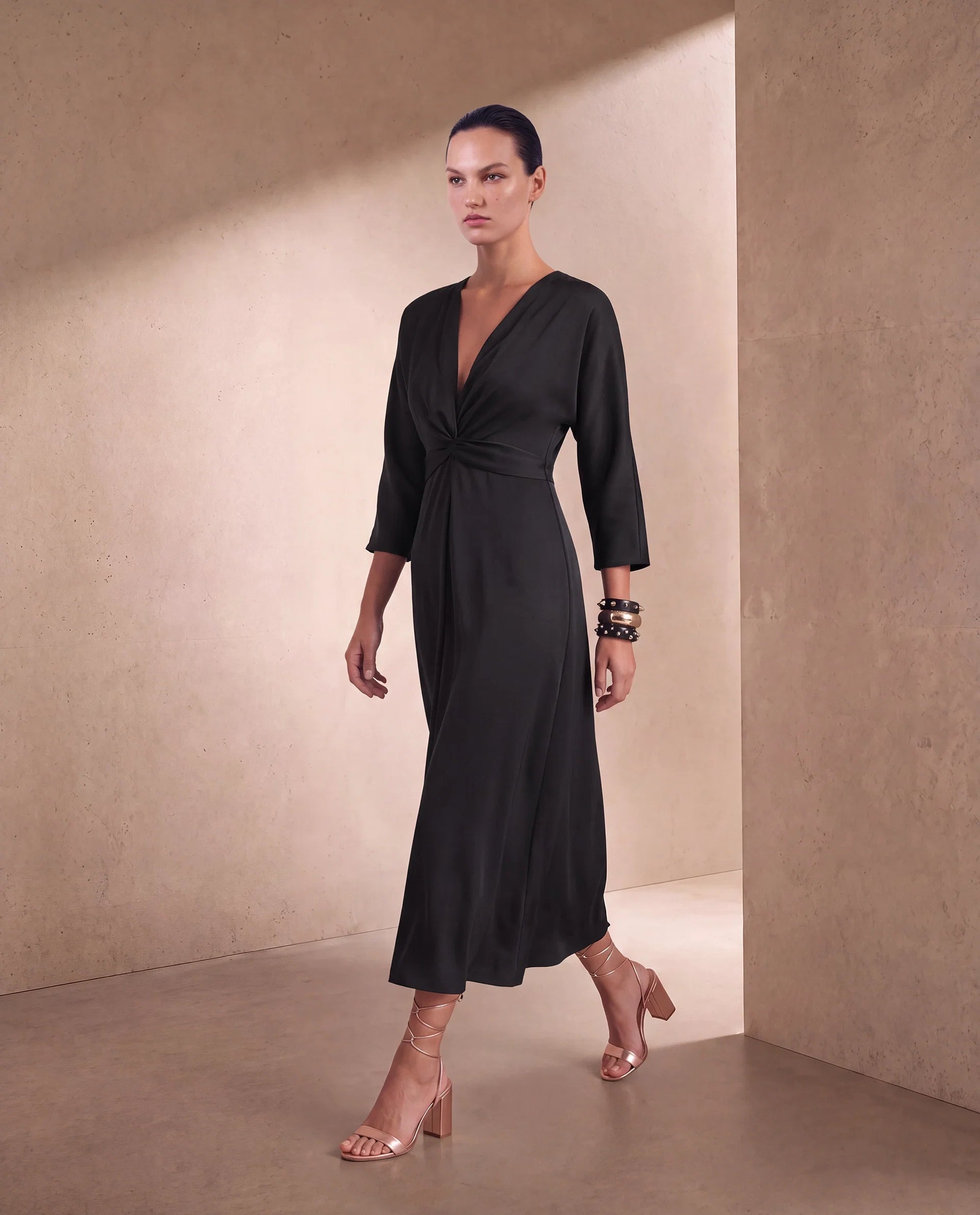 Rareism Women's Cleah Black Polyester 3/4Th Sleeve Flared Plain Dress