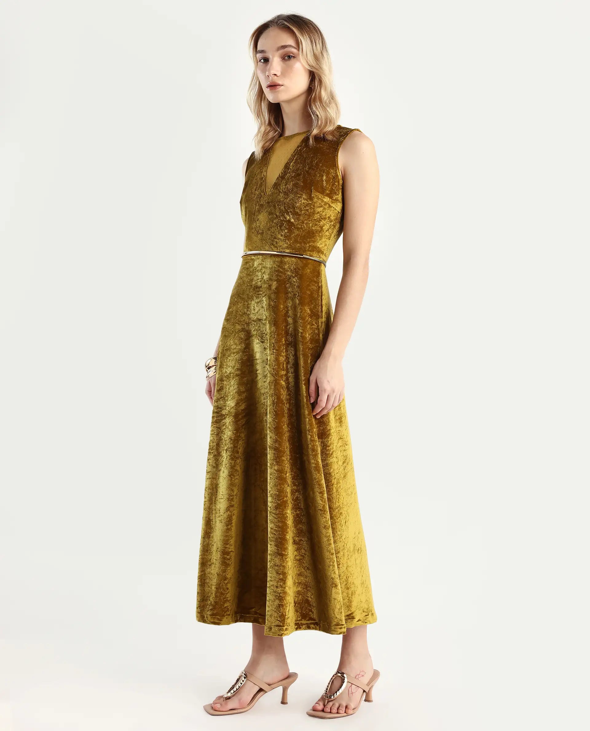 Rareism Women's Clementi Olive Velvet V-Neck Plain Sleeveless Maxi Fit And Flare Dress