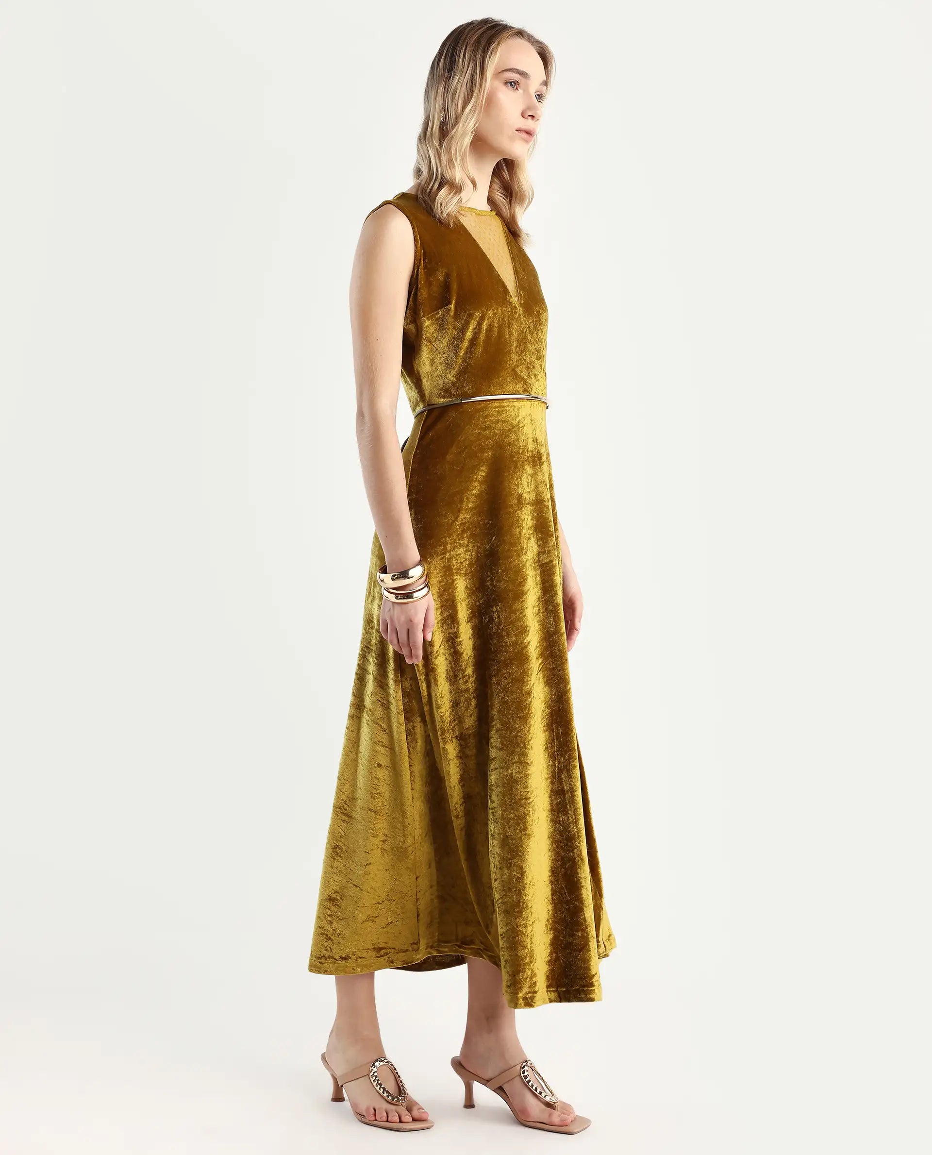 Rareism Women's Clementi Olive Velvet V-Neck Plain Sleeveless Maxi Fit And Flare Dress