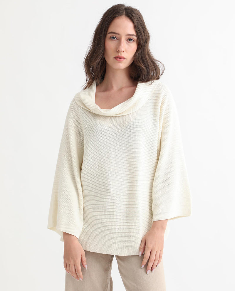 Rareism Women Cleo Off White  3/4Th Sleeves Relaxed Fit Solid Cowl Neck Sweater