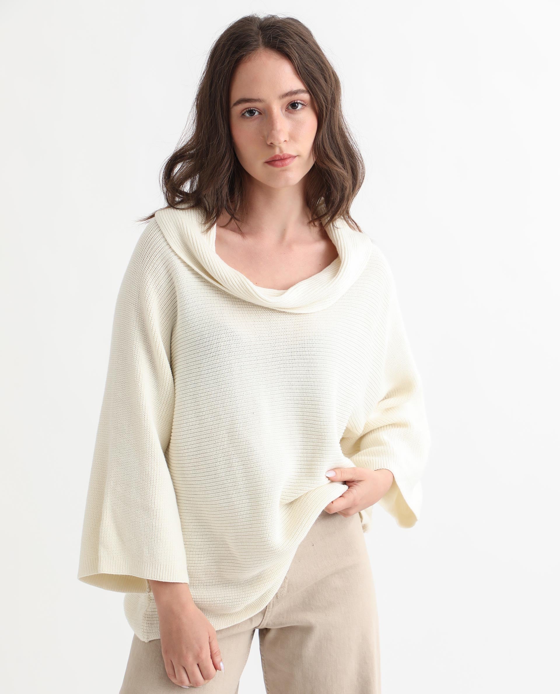 Rareism Women's Cleo Offwhite Cowl Neck Plain Relaxed Fit Sweater