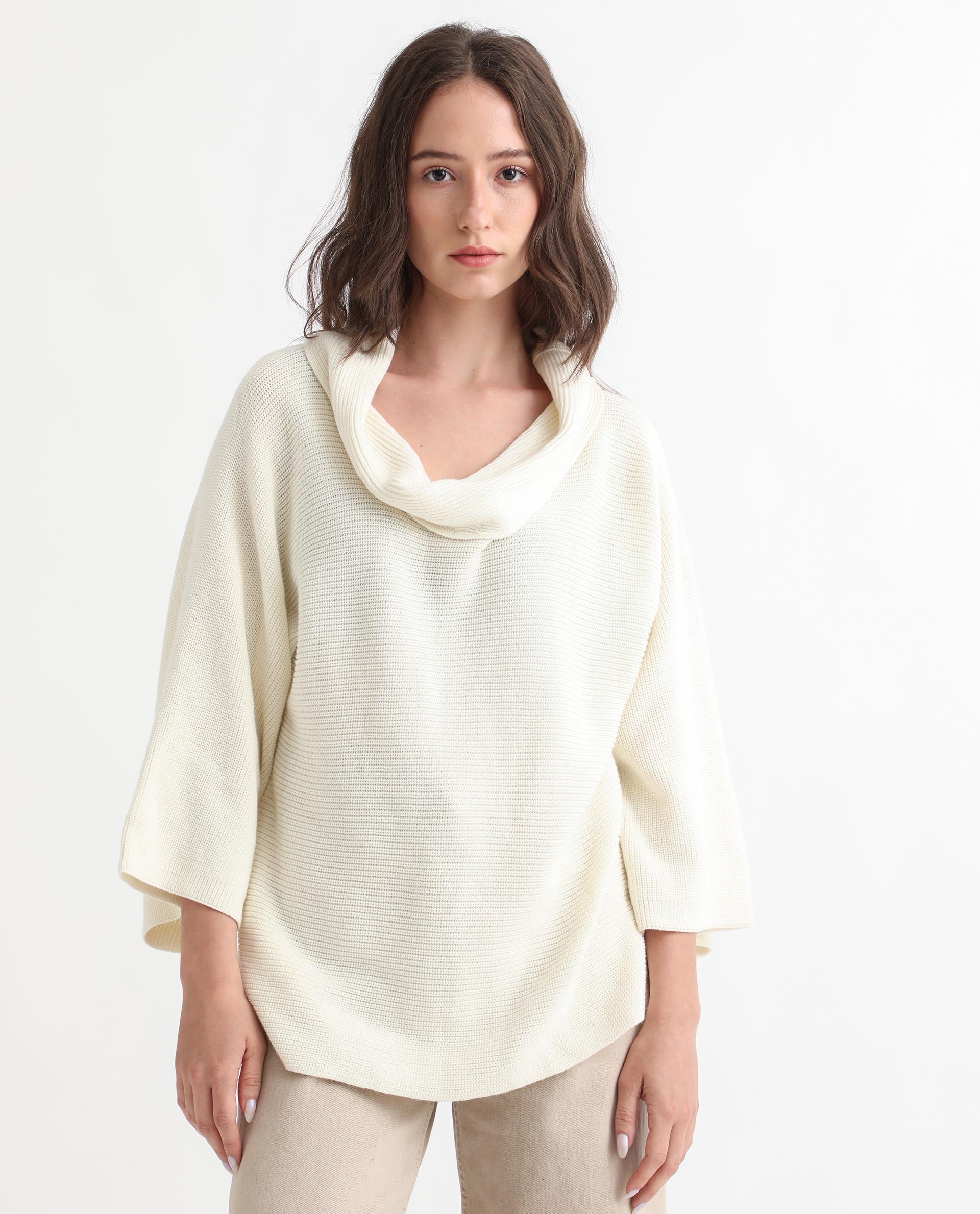 Rareism Women Cleo Off White  3/4Th Sleeves Relaxed Fit Solid Cowl Neck Sweater