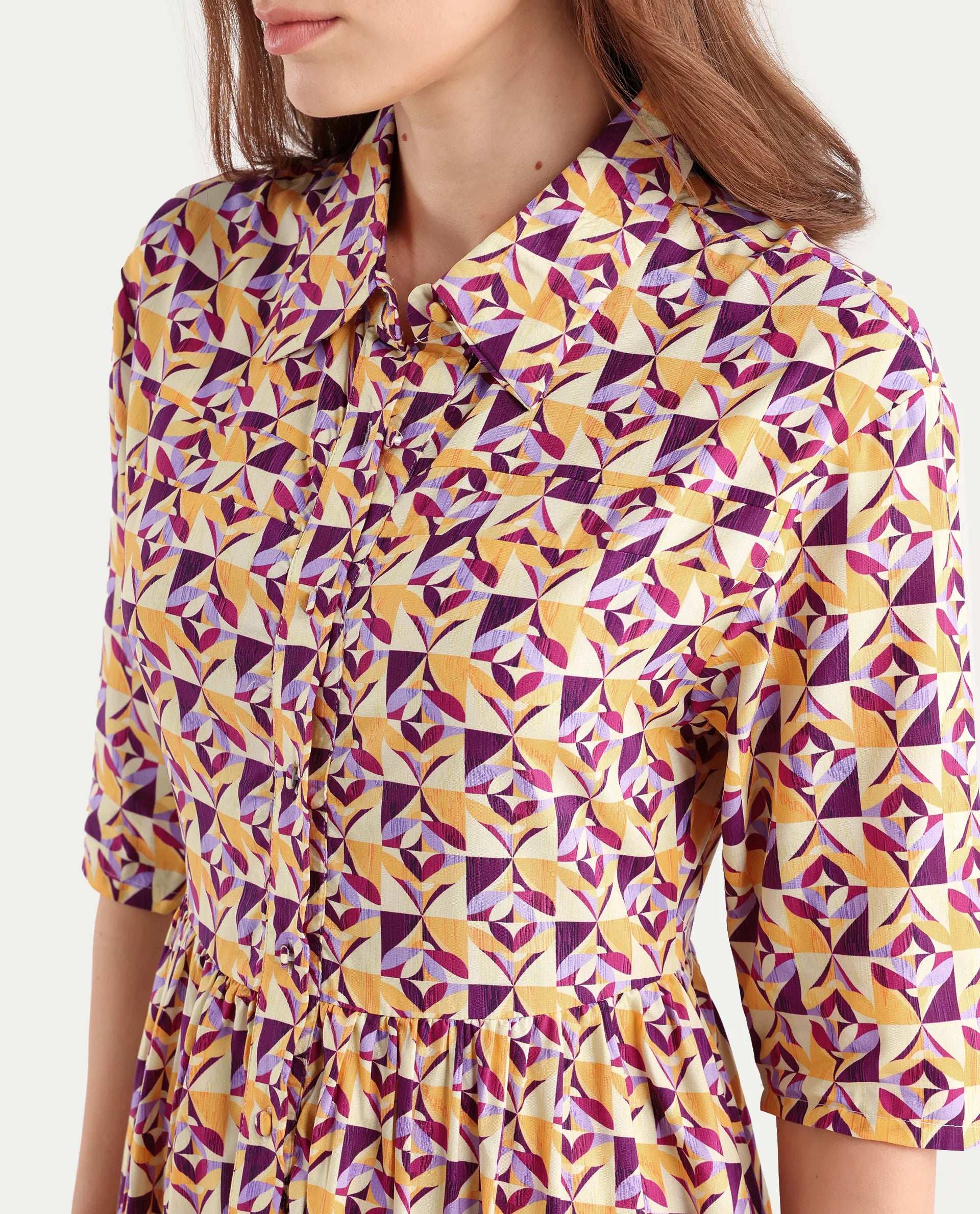 Rareism Women's Cleokap Multi Viscose Drop Collar Geometric Print Knee Length Fit And Flare Dress