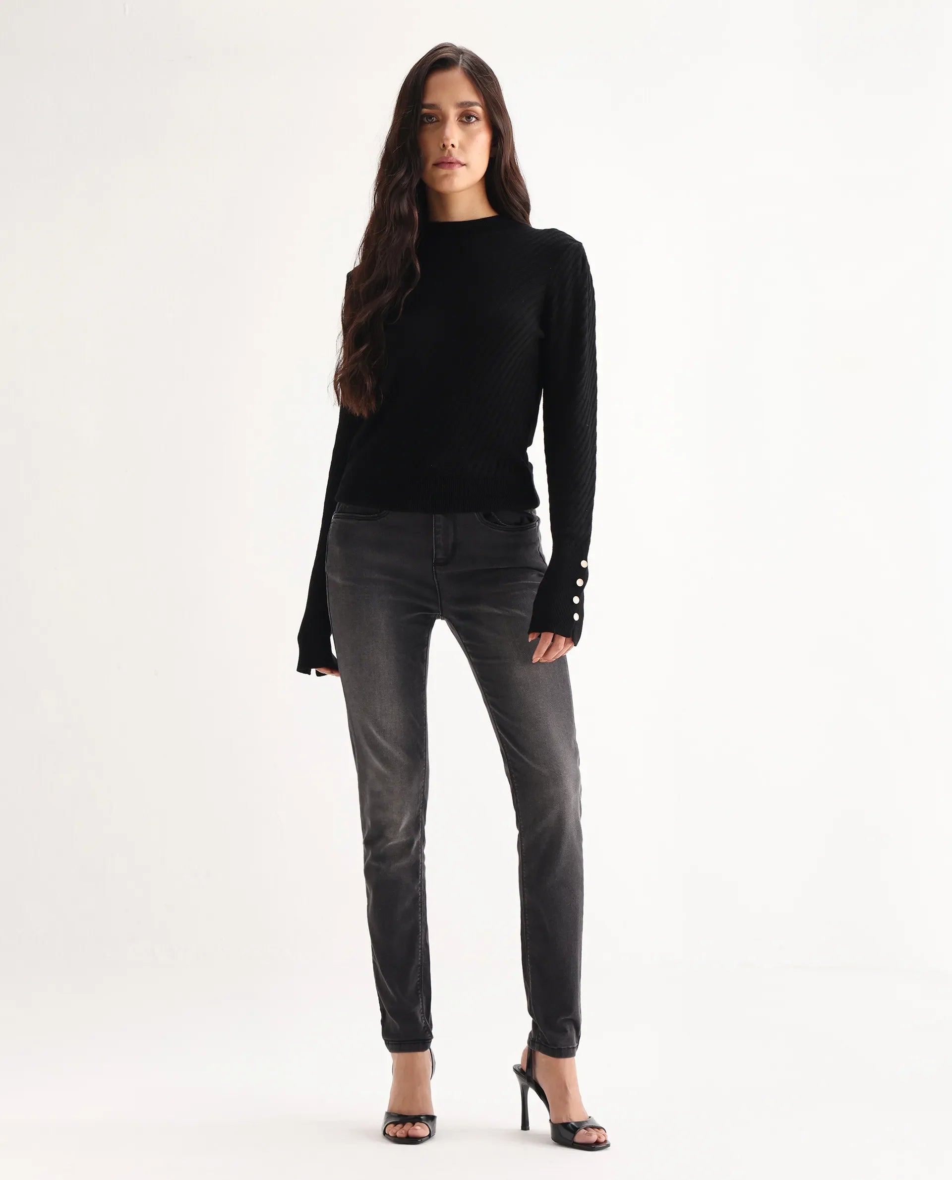 Rareism Women's Clipper Grey Cotton Blend Plain Ankle Length Slim Fit Jeans