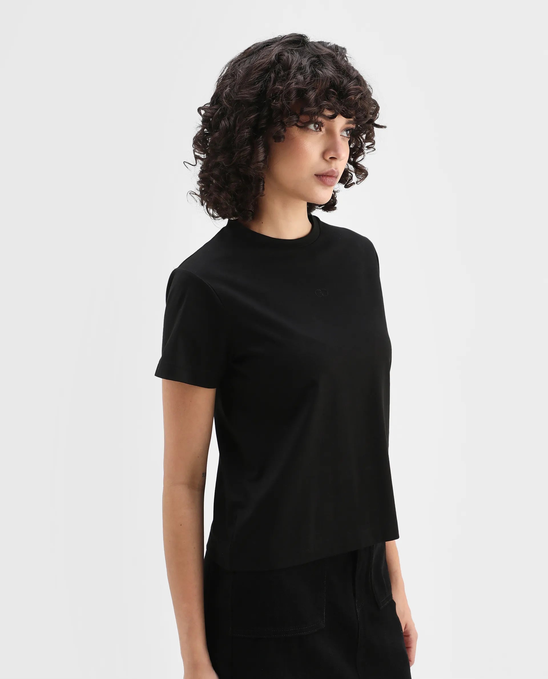 Rareism Women's Clive Black Cotton Crew Neck Regular Fit T-Shirt