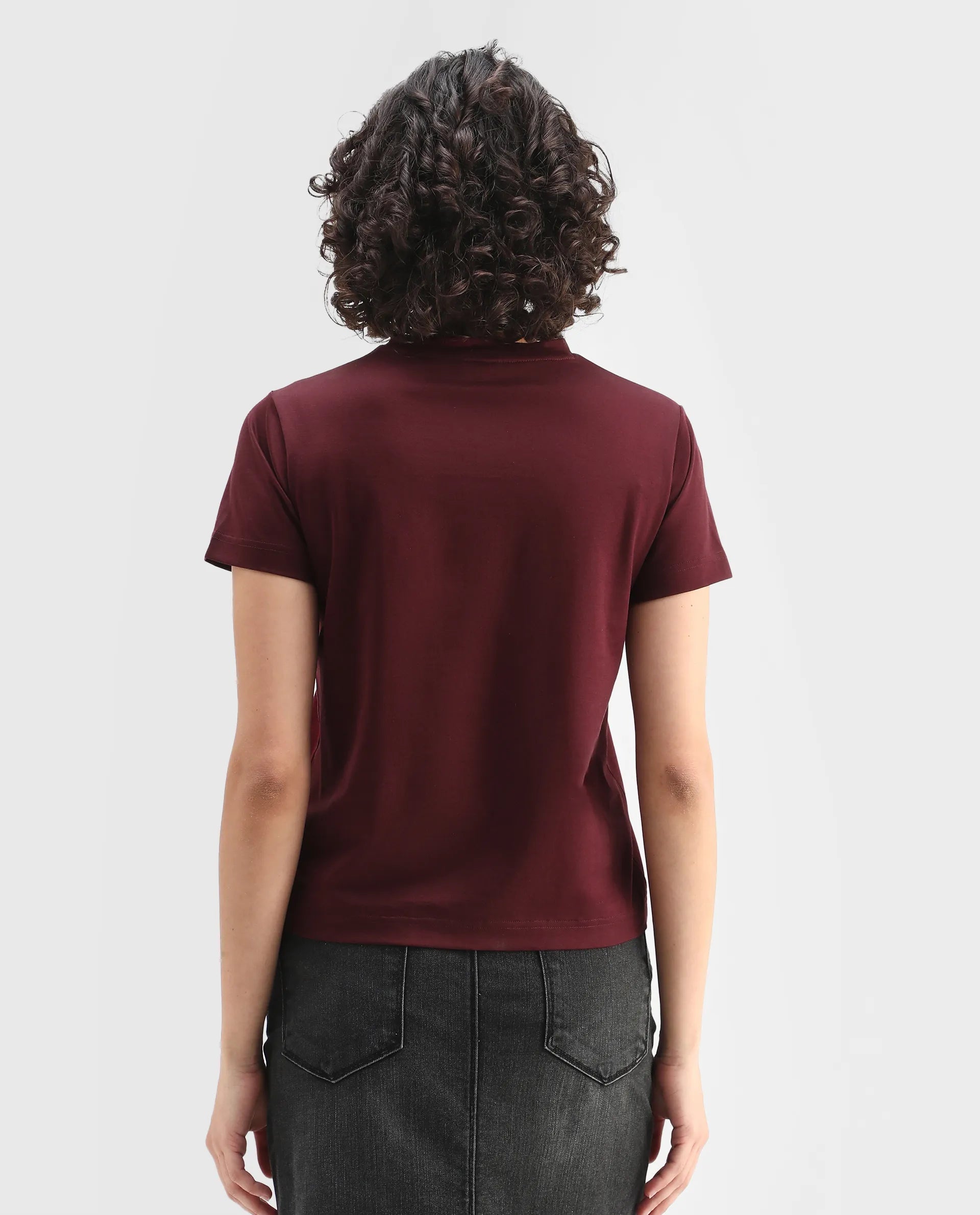 Rareism Women's Clive Dark Maroon Cotton Crew Neck Regular Fit T-Shirt