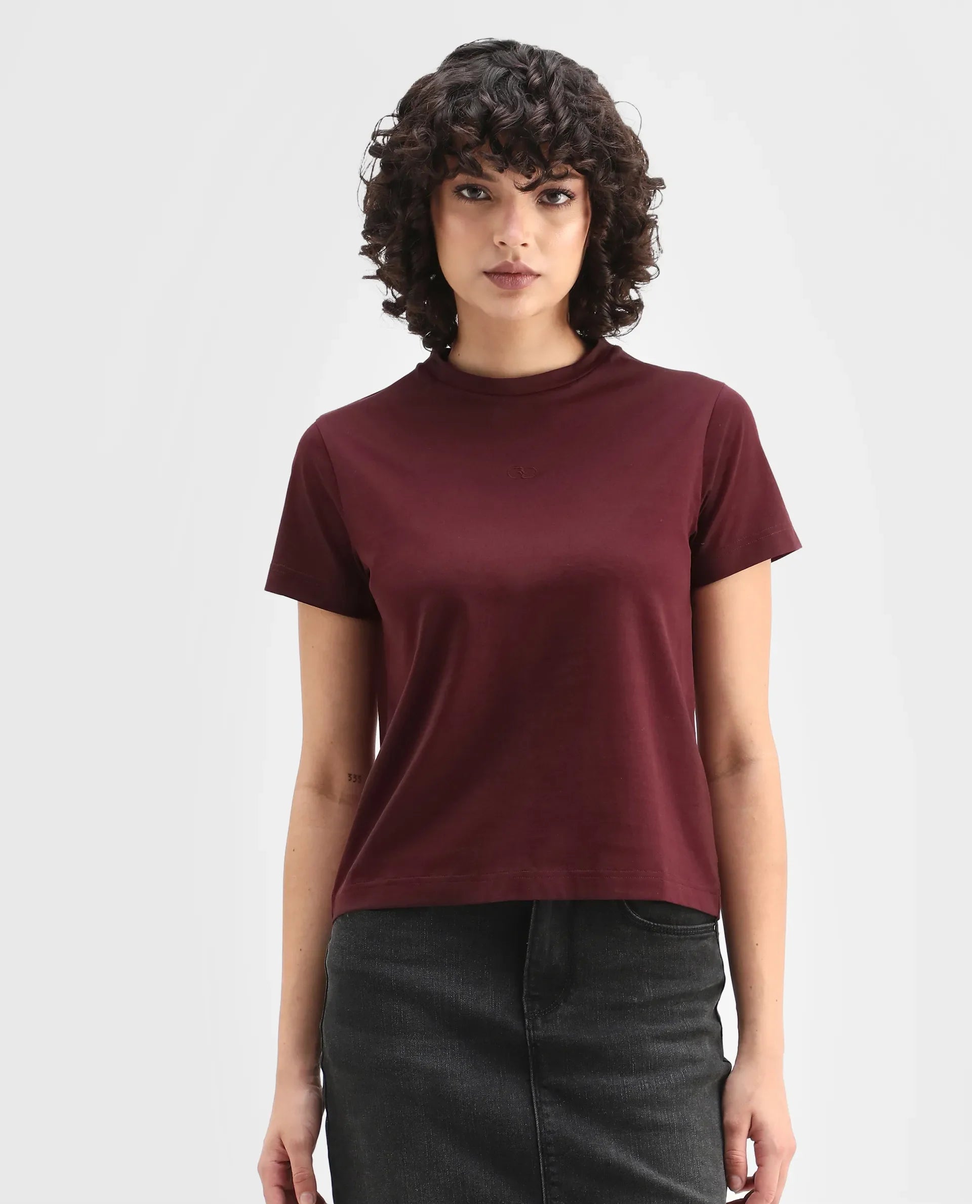 Rareism Women's Clive Dark Maroon Cotton Crew Neck Regular Fit T-Shirt